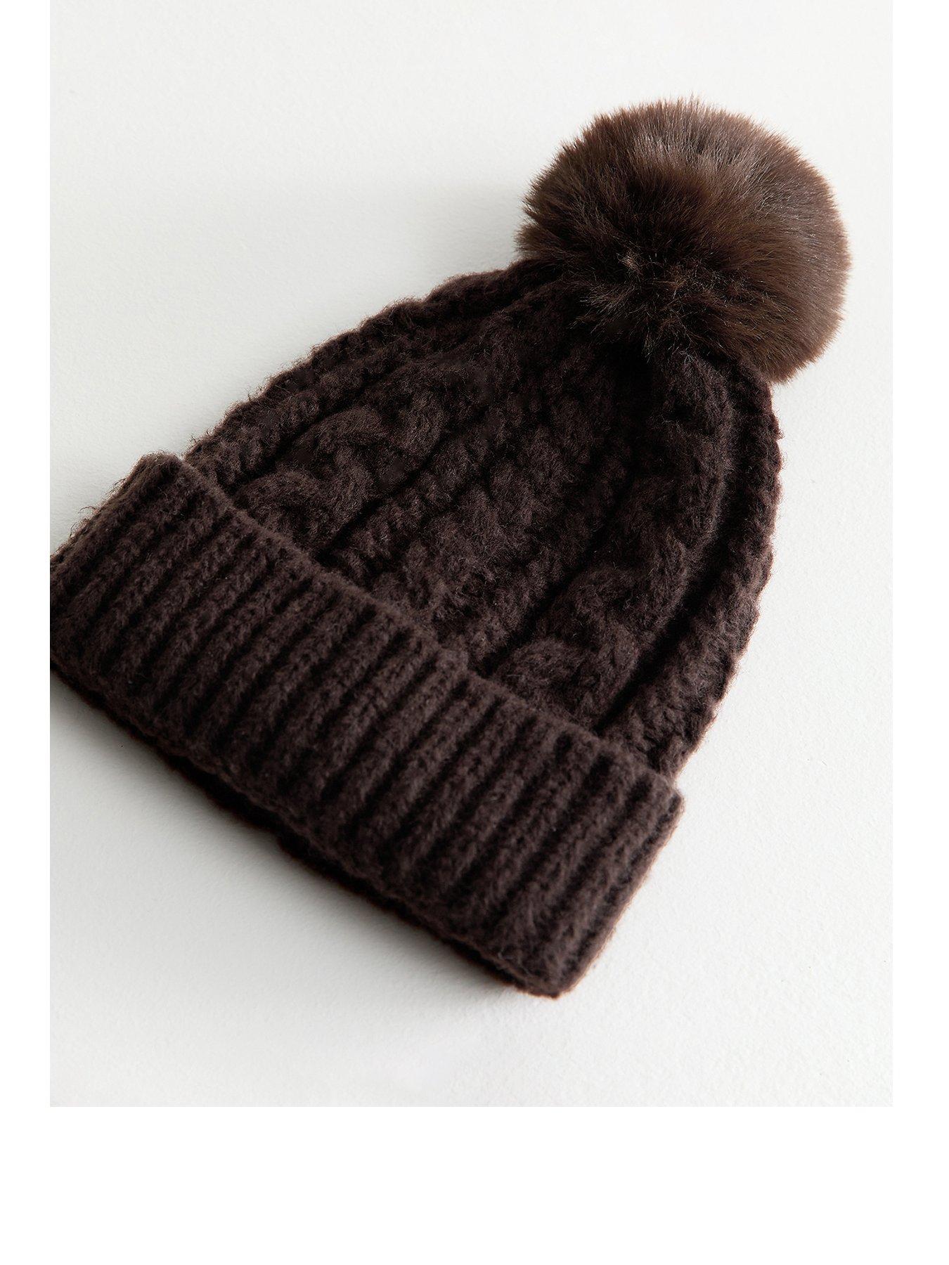 New Look Dark Brown Cable Knit Faux Fur Pom Pom Bobble Hat