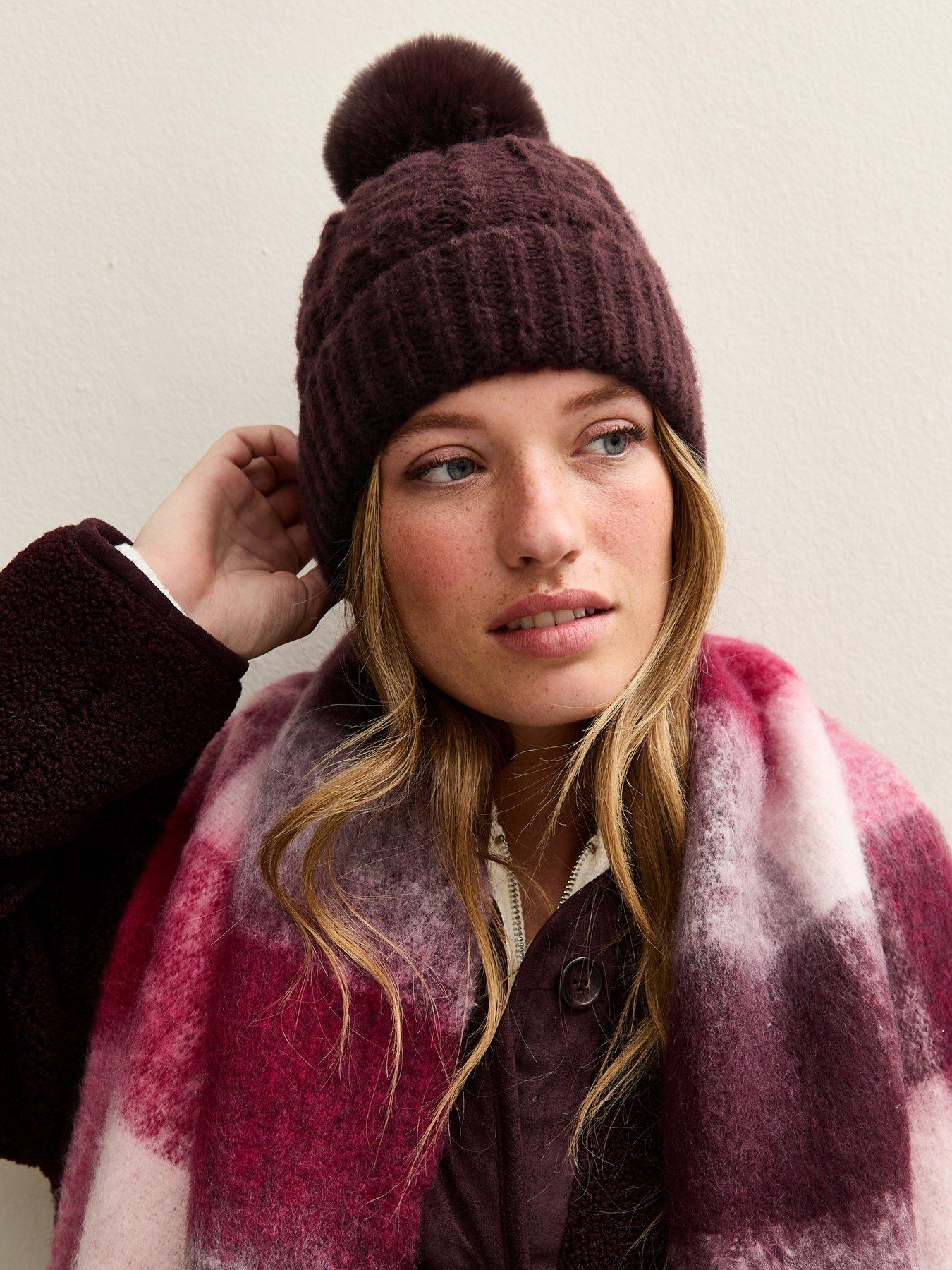 Image 2 of 3 of New Look Dark Burgundy Cable Knit Faux Fur Pom Pom Bobble Hat