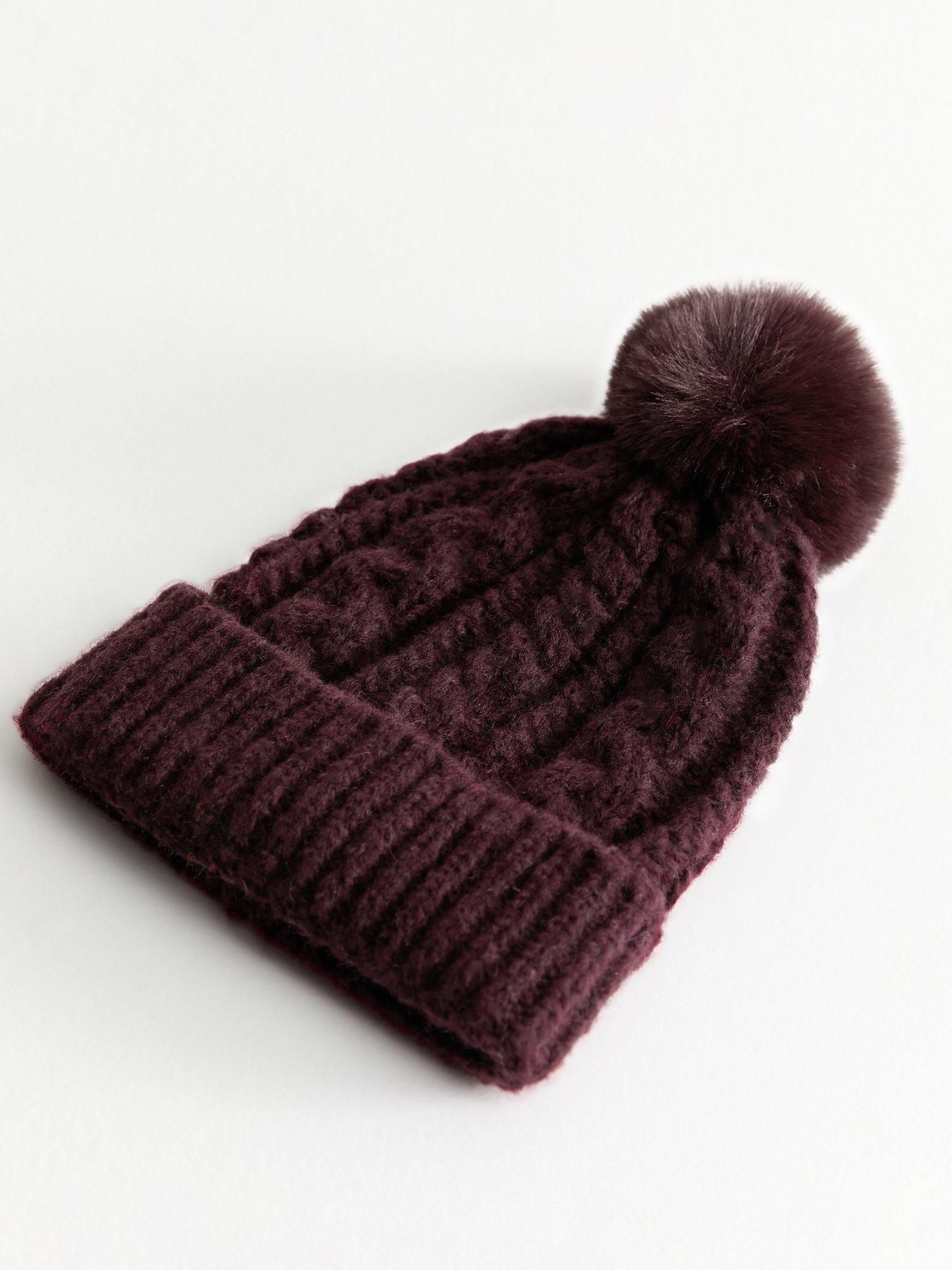 Image 3 of 3 of New Look Dark Burgundy Cable Knit Faux Fur Pom Pom Bobble Hat