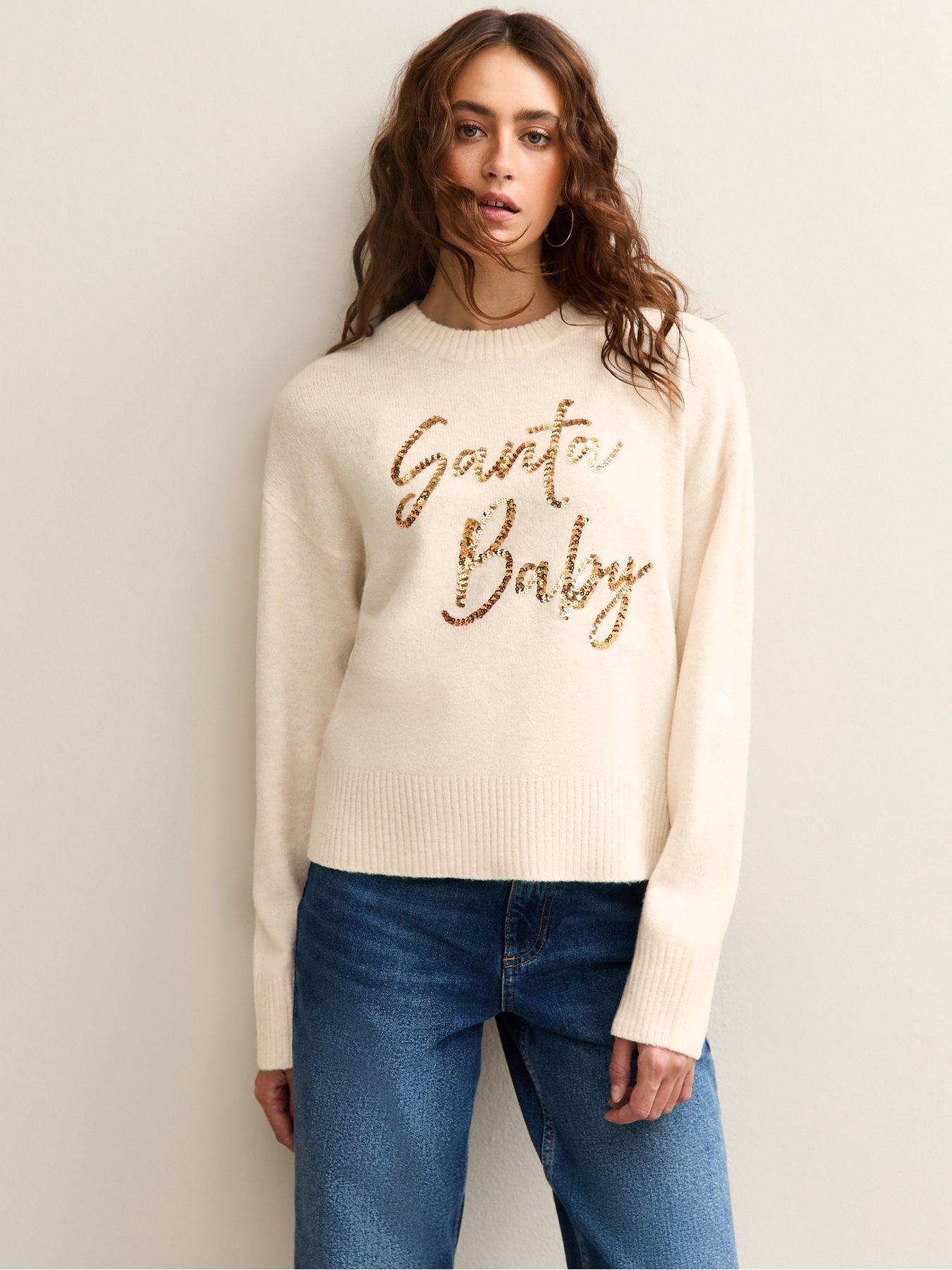  image of new-look-christmas-sequinned-santa-baby-slogan-jumper-beige