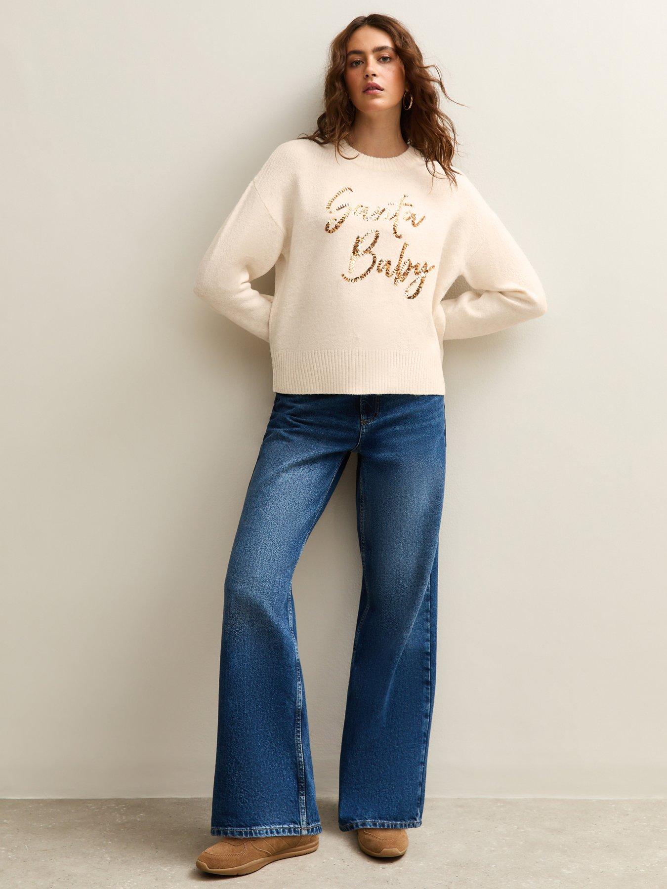  image of new-look-christmas-sequinned-santa-baby-slogan-jumper-beige