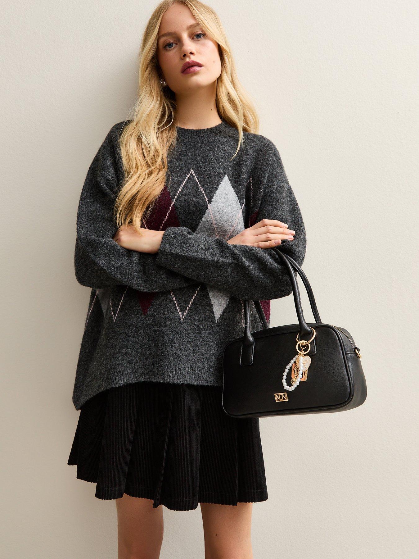 image of new-look-argyle-knit-oversized-jumper-dark-grey