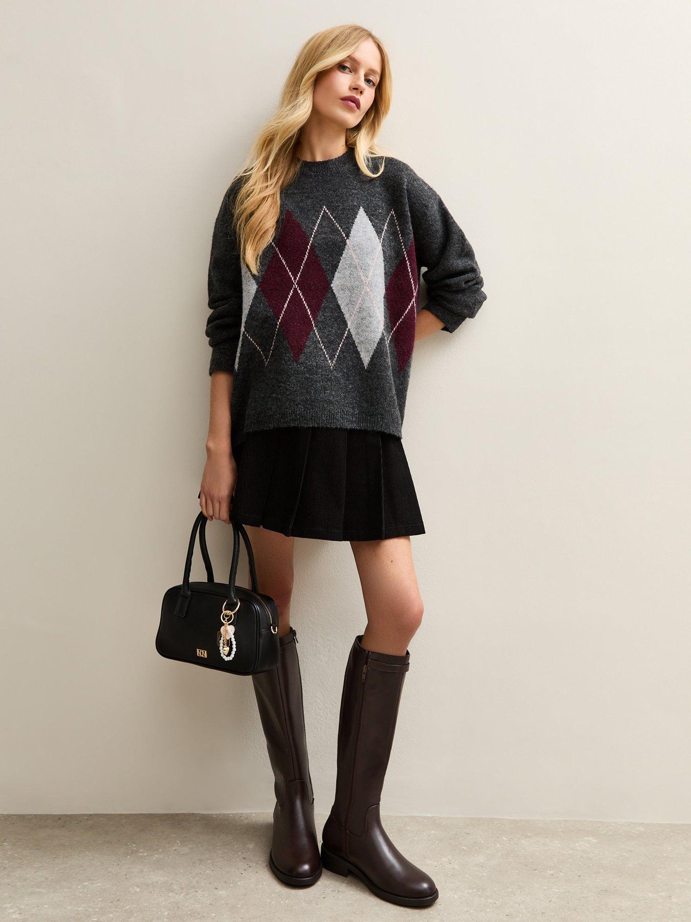  image of new-look-argyle-knit-oversized-jumper-dark-grey