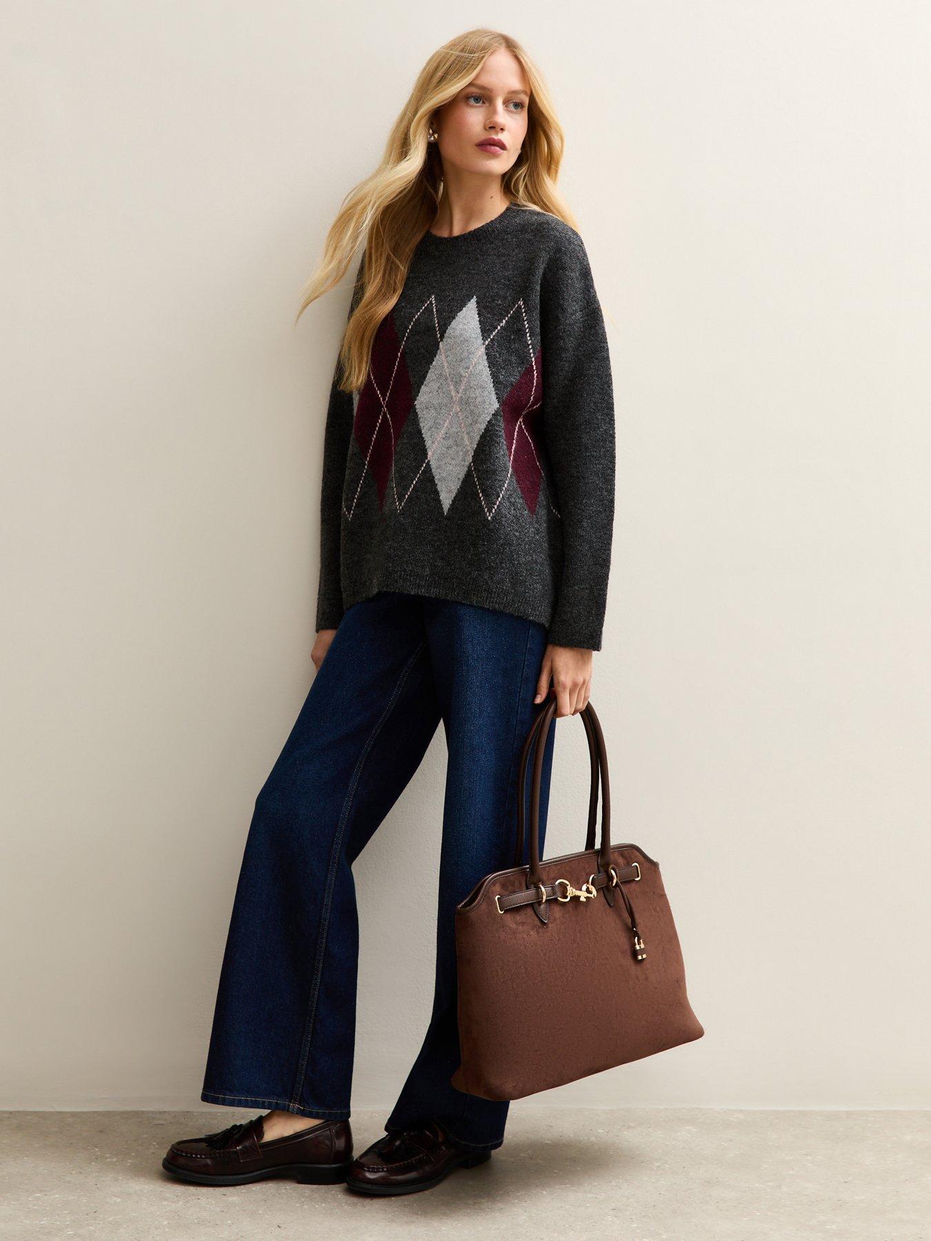 image of new-look-argyle-knit-oversized-jumper-dark-grey