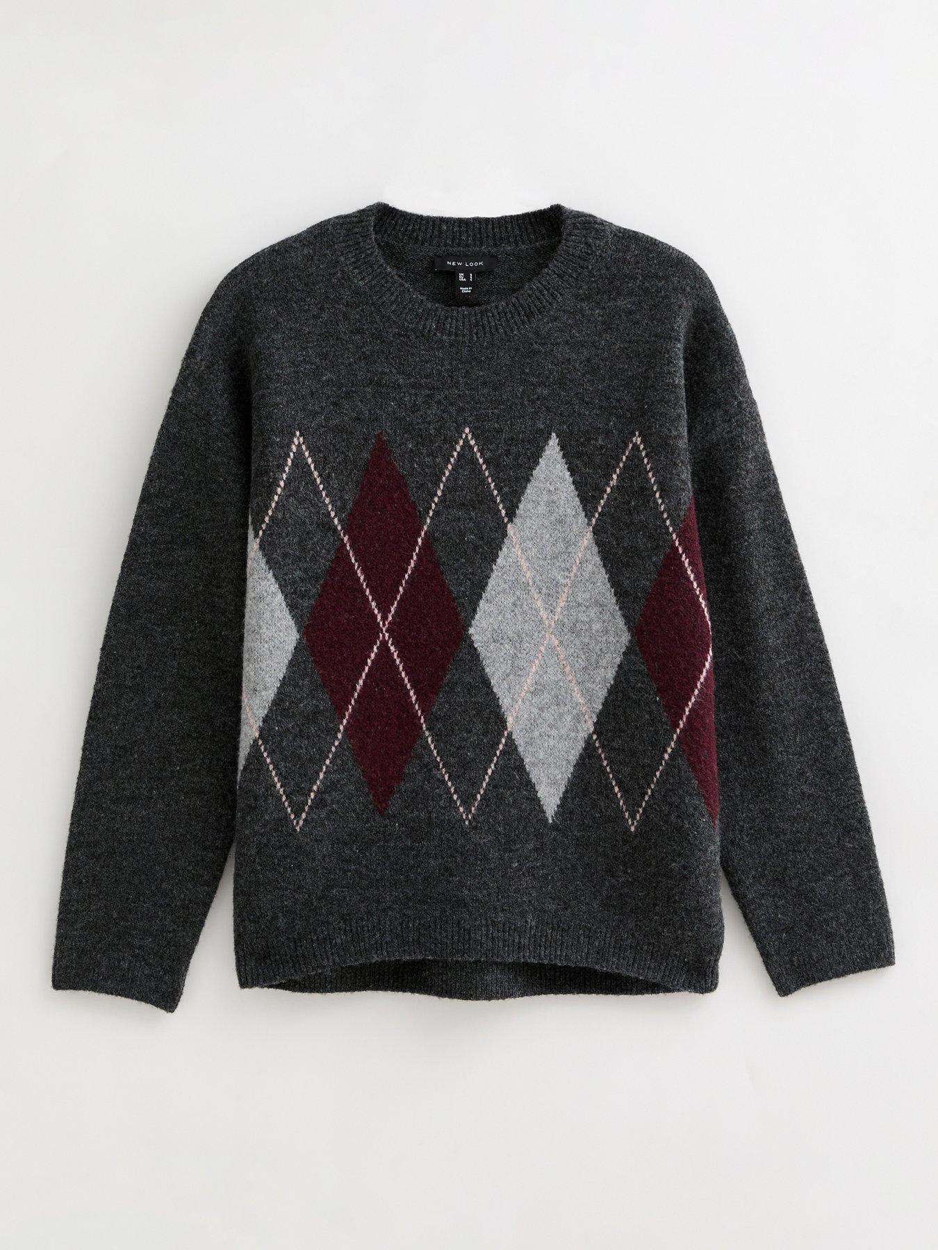  image of new-look-argyle-knit-oversized-jumper-dark-grey