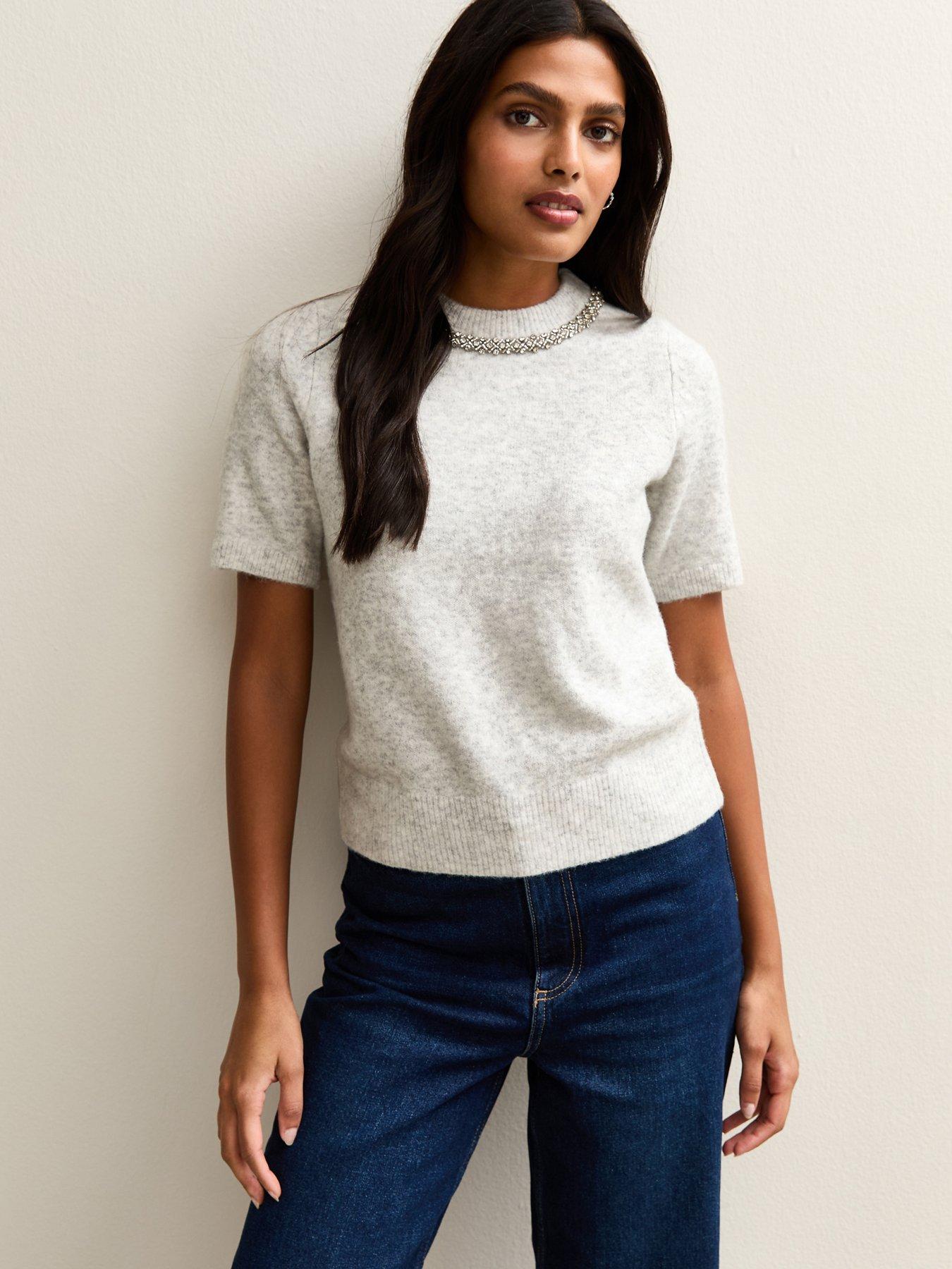 New Look Embellished Neck Short Sleeve Top - Light Grey
