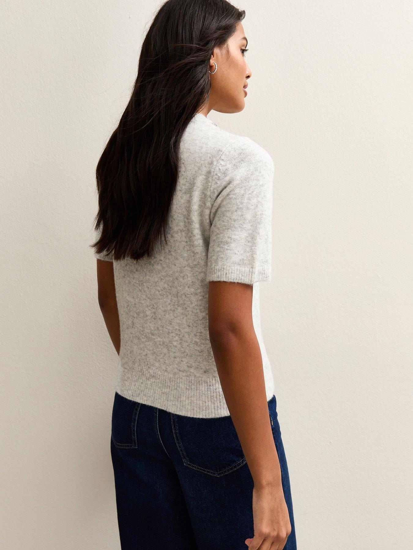 image of new-look-embellished-neck-short-sleeve-top-light-grey