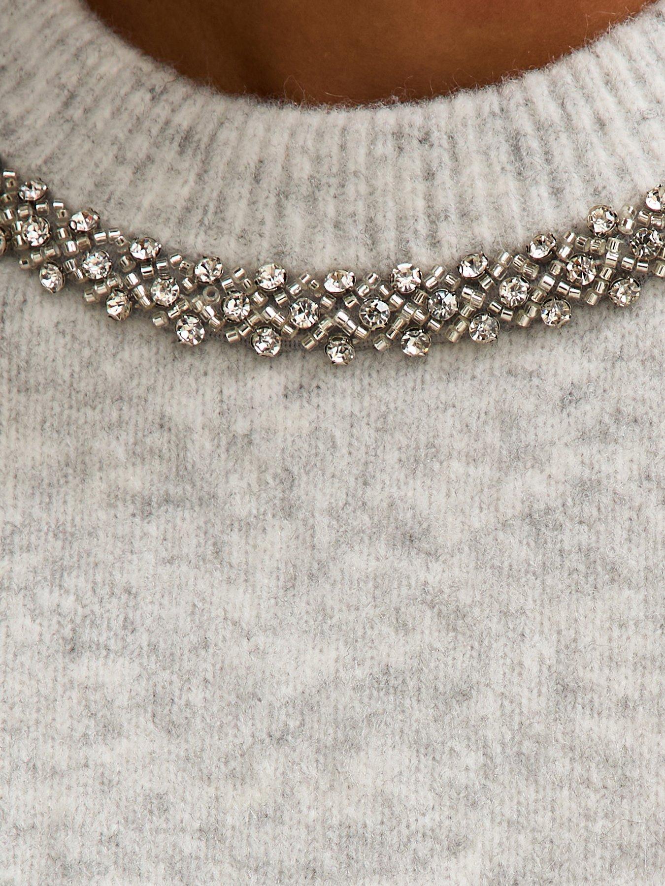  image of new-look-embellished-neck-short-sleeve-top-light-grey