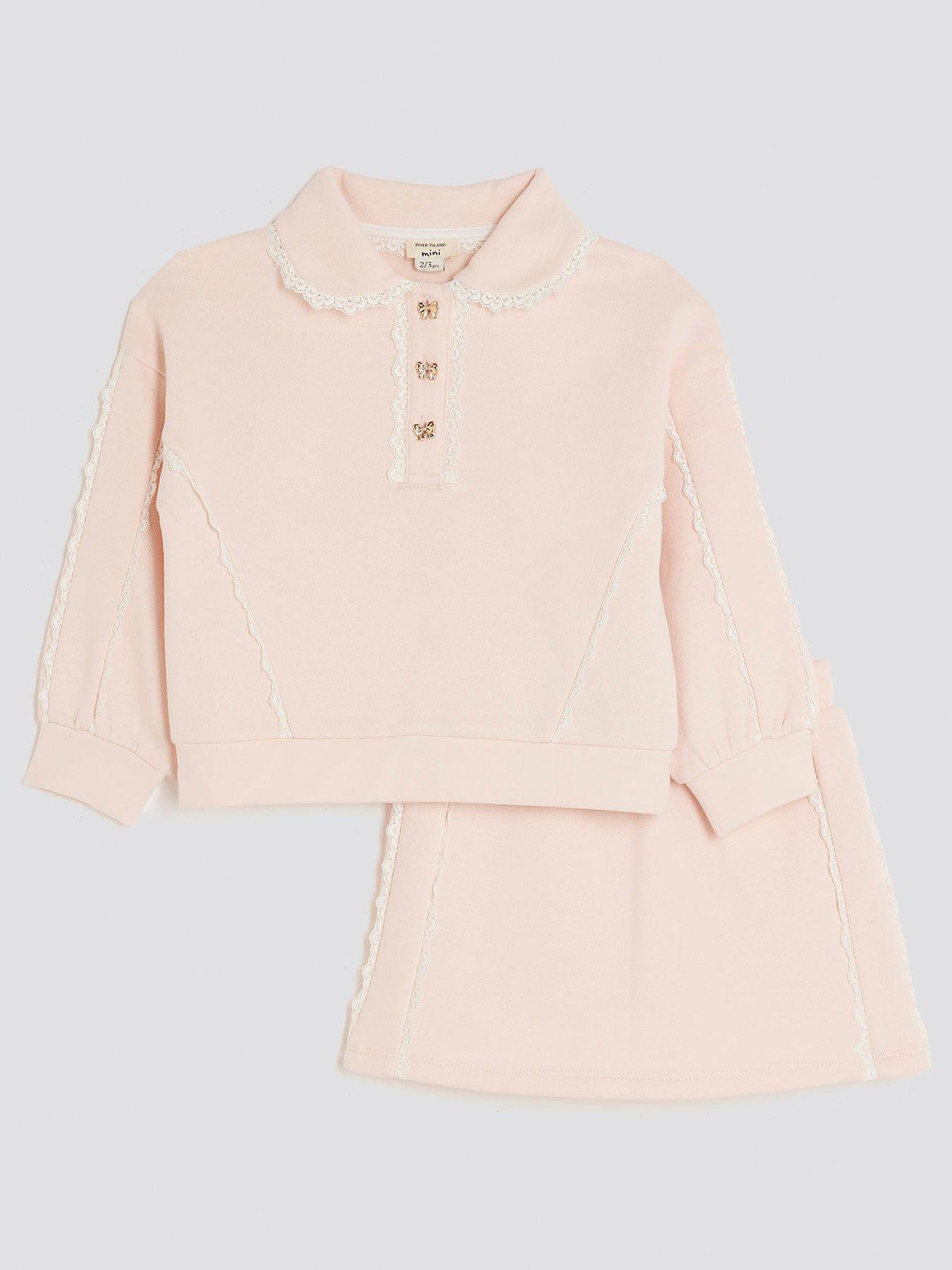 front image of river-island-mini-girls-lace-collar-sweatshirt-set-light-pink
