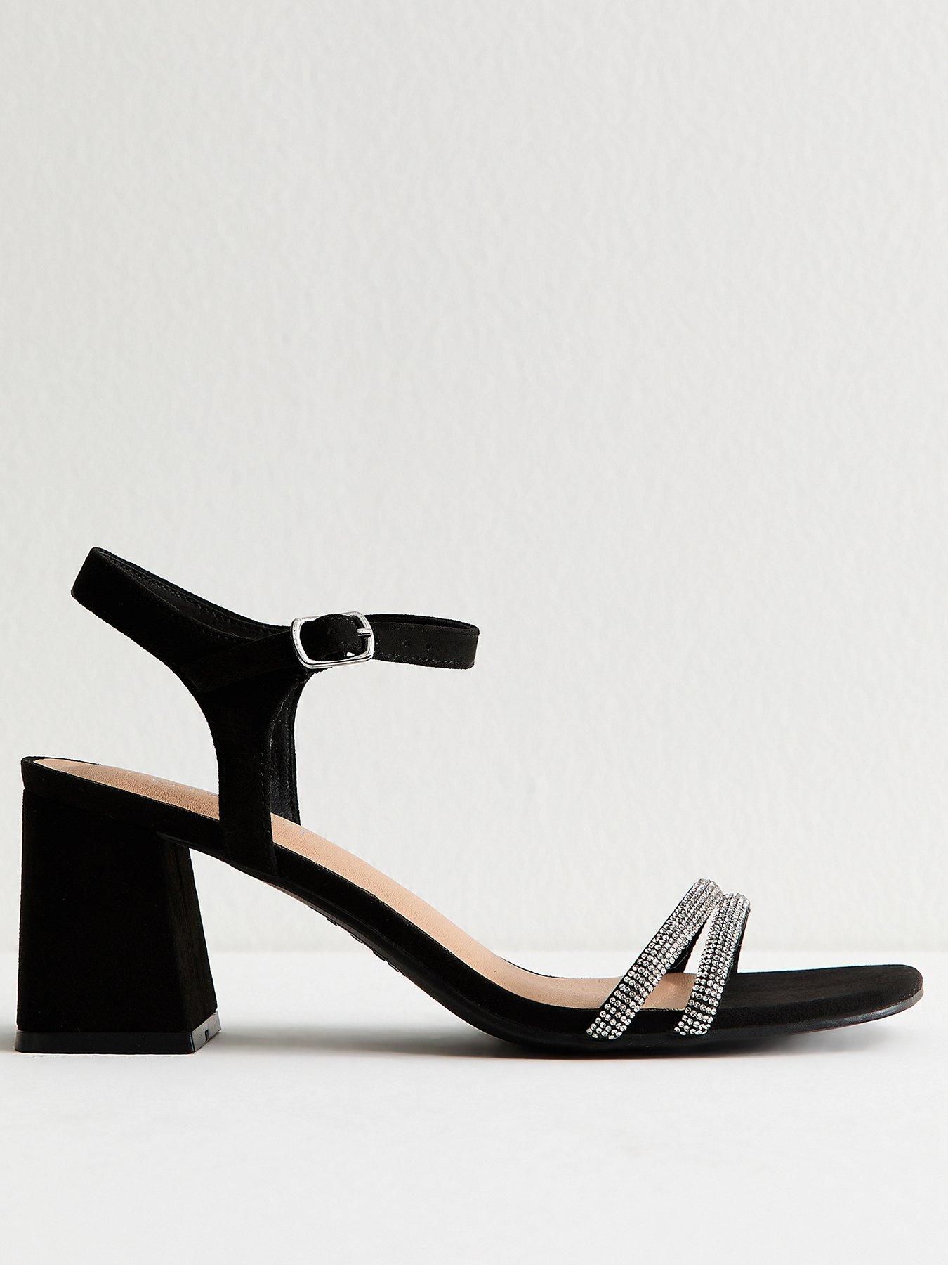 Image 1 of 5 of New Look Black Faux Suede Embellished Block Heel Sandals