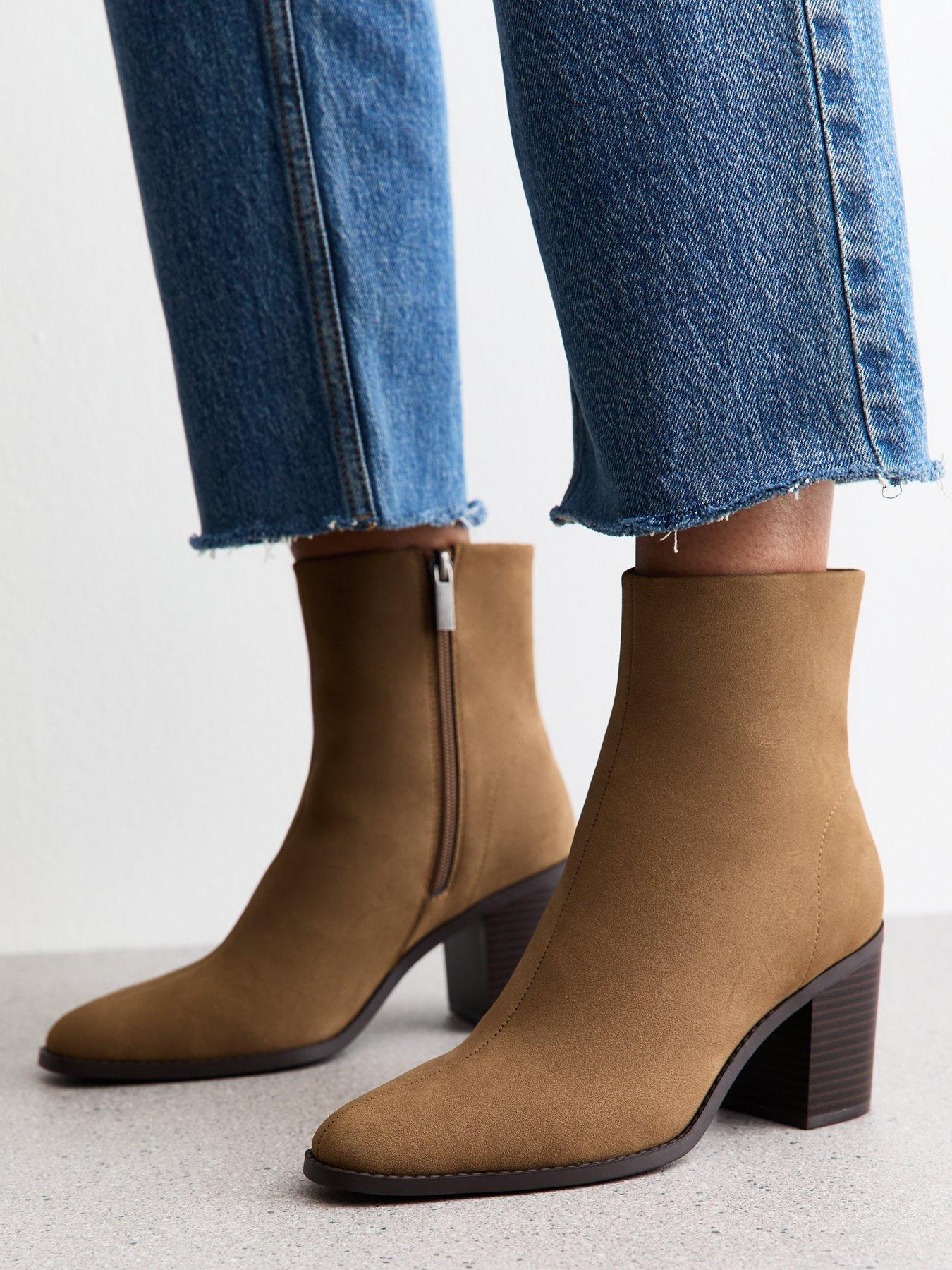 Image 5 of 6 of New Look Camel Faux Suede Almond Toe Ankle Boots - Brown