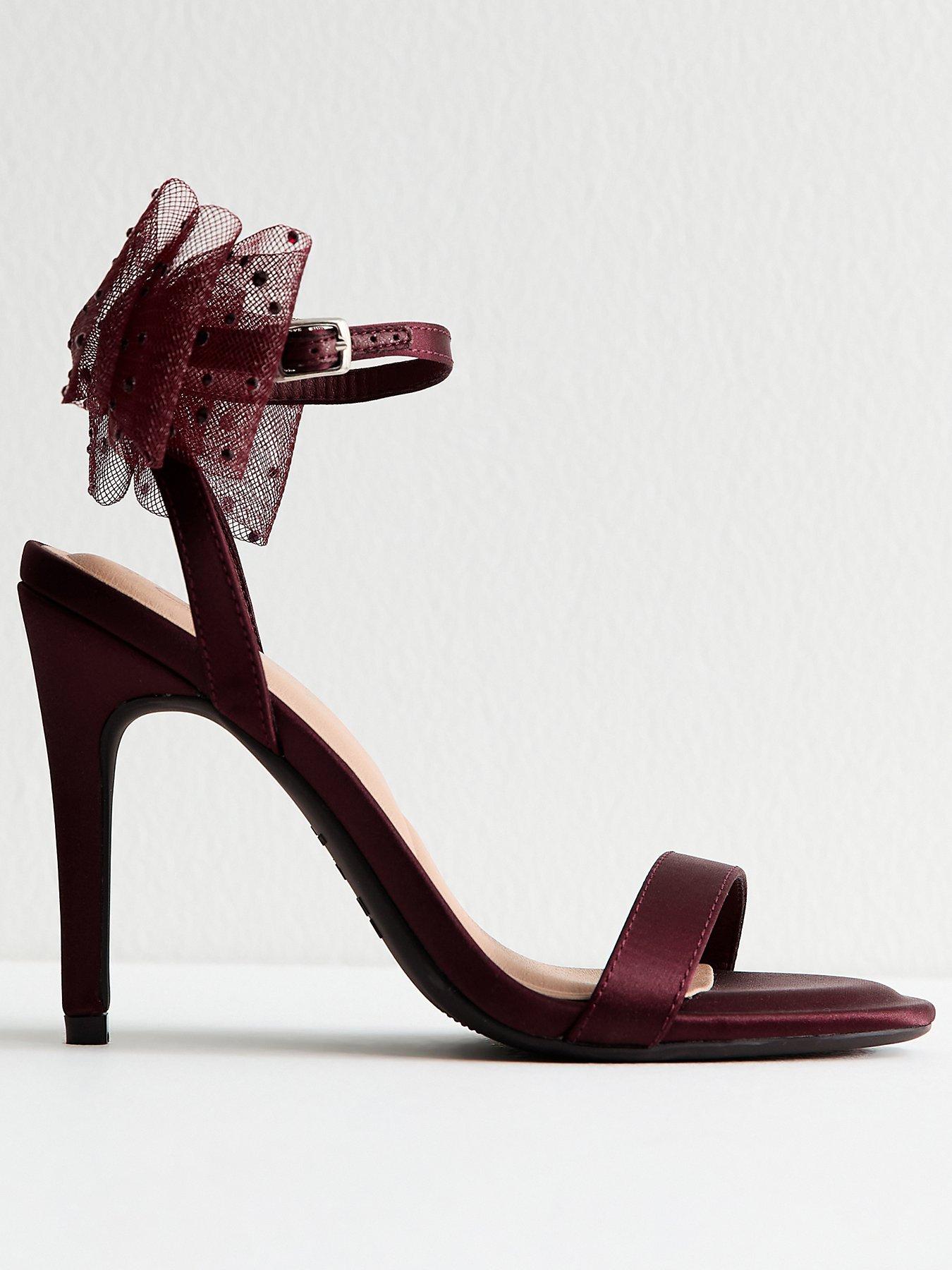 New Look Dark Burgundy Satin Embellished Mesh Bow Sandals
