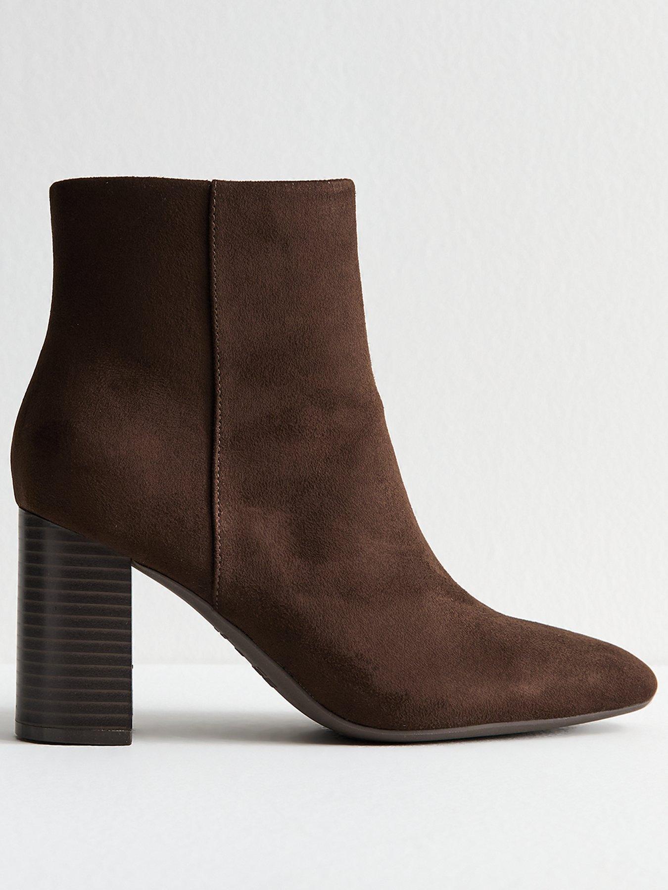 undefined Faux Suede Block Heel Ankle Boots - Brown