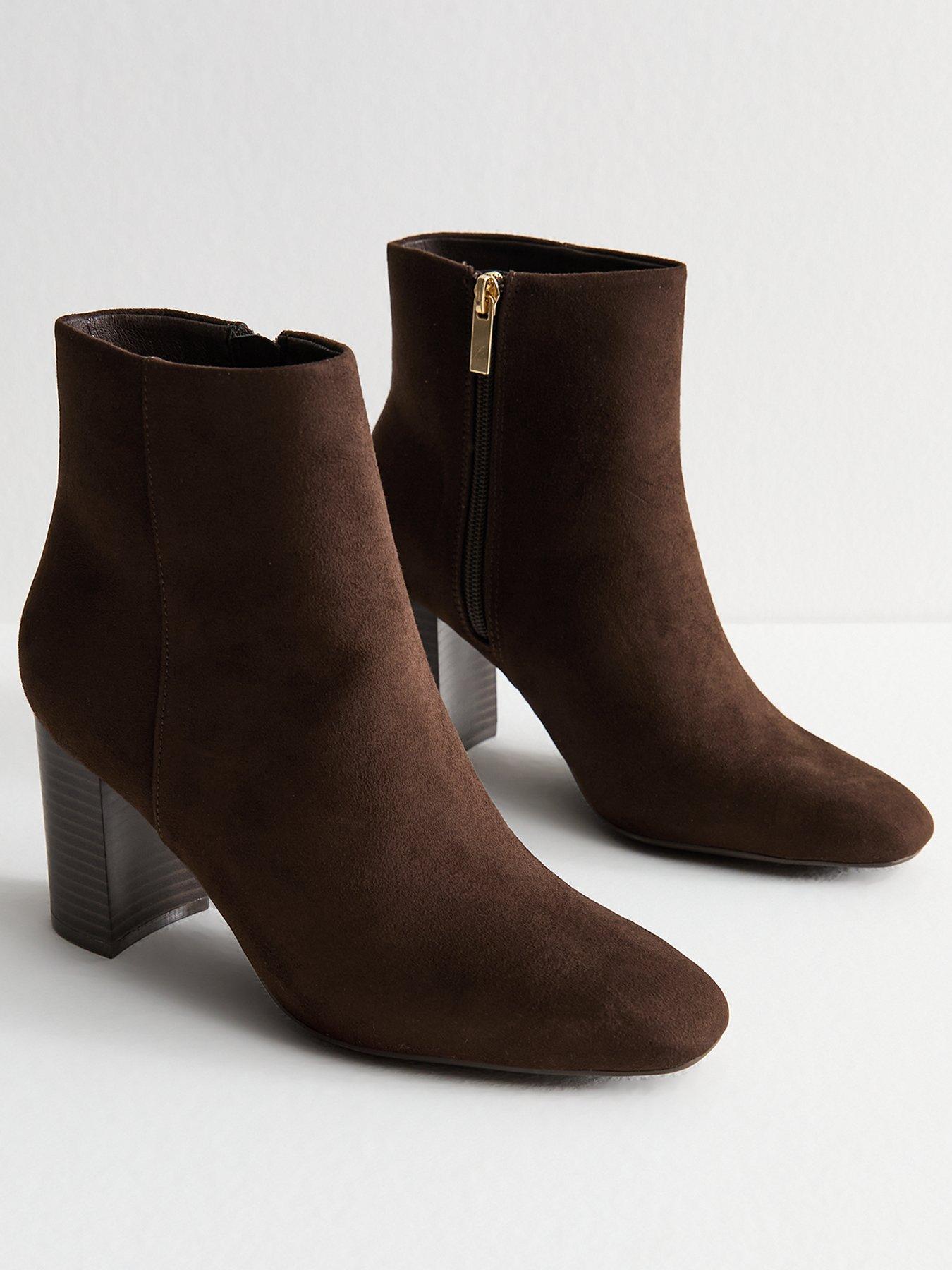 Image 2 of 6 of New Look Faux Suede Block Heel Ankle Boots - Brown