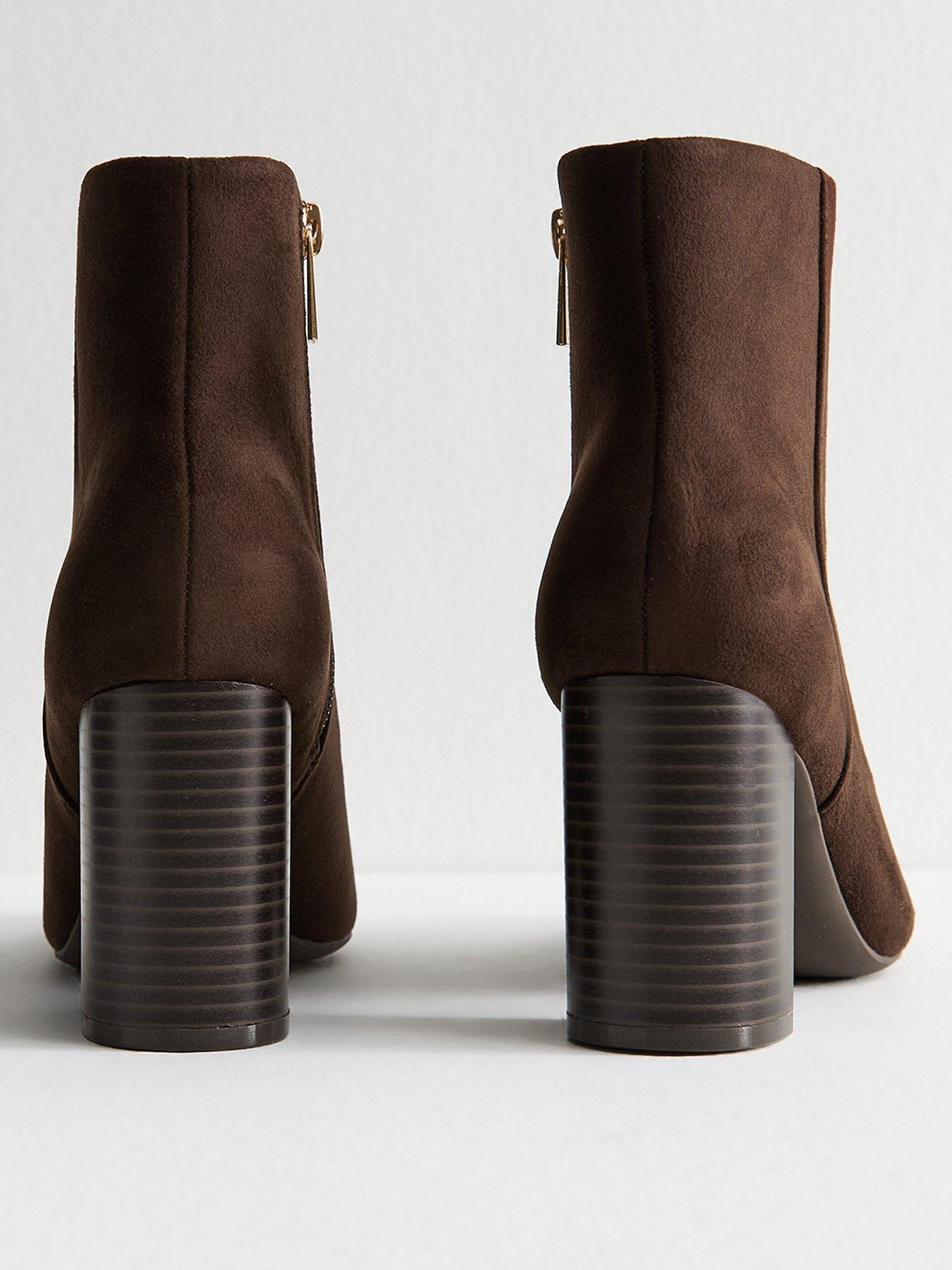 Image 3 of 6 of New Look Faux Suede Block Heel Ankle Boots - Brown