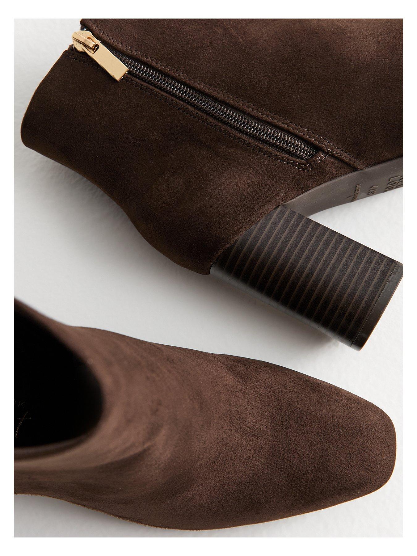 Image 4 of 6 of New Look Faux Suede Block Heel Ankle Boots - Brown