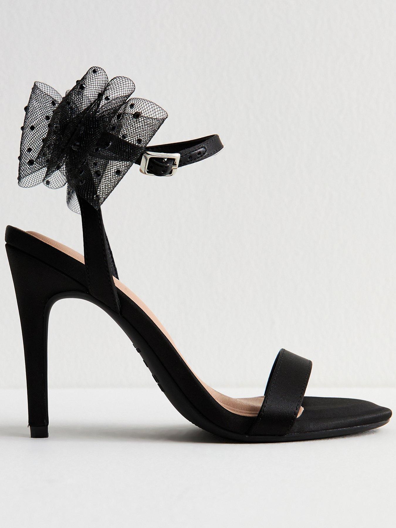 Image 1 of 7 of New Look Black Satin Embellished Mesh Bow Sandals