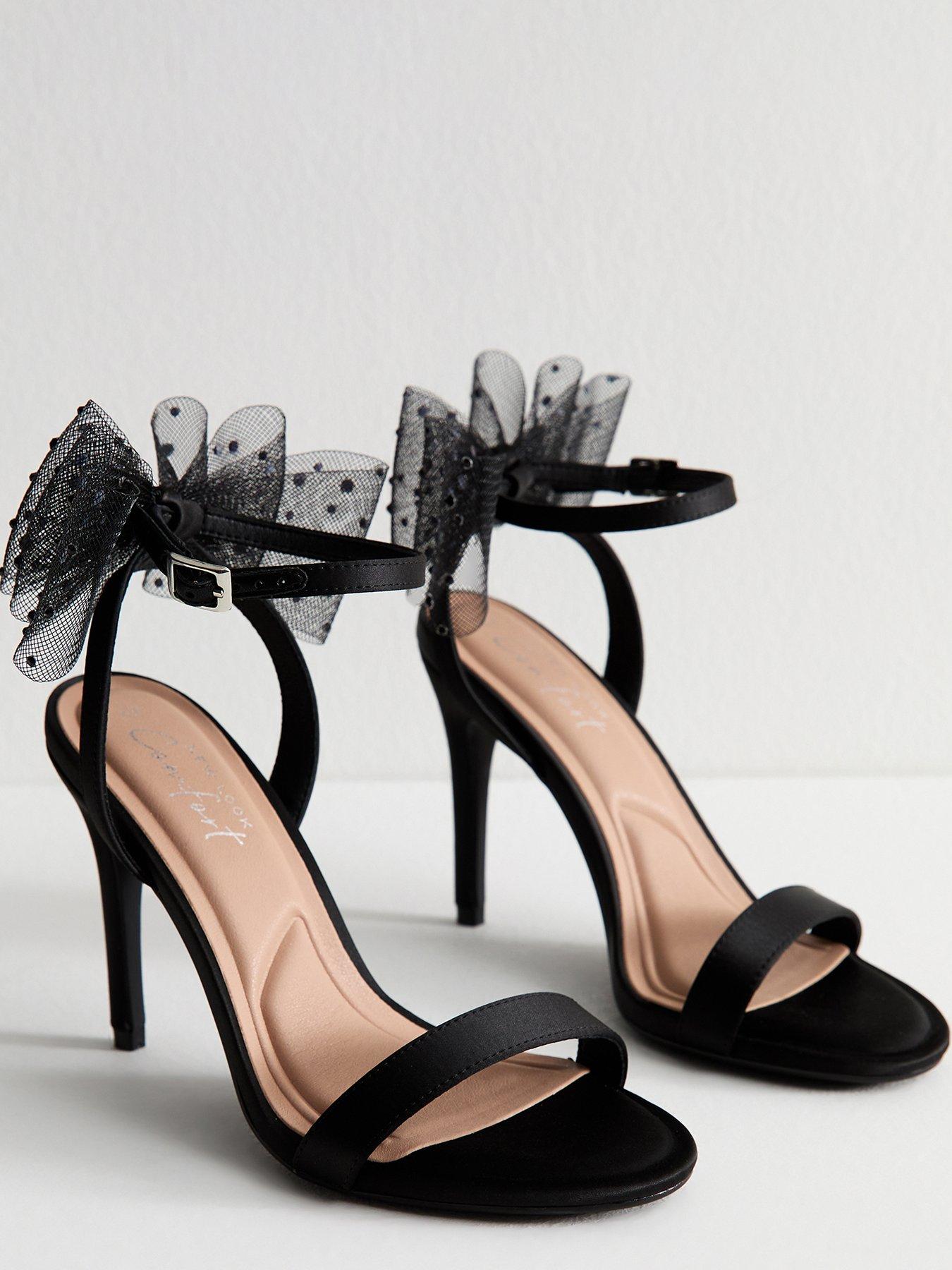 Image 4 of 7 of New Look Black Satin Embellished Mesh Bow Sandals