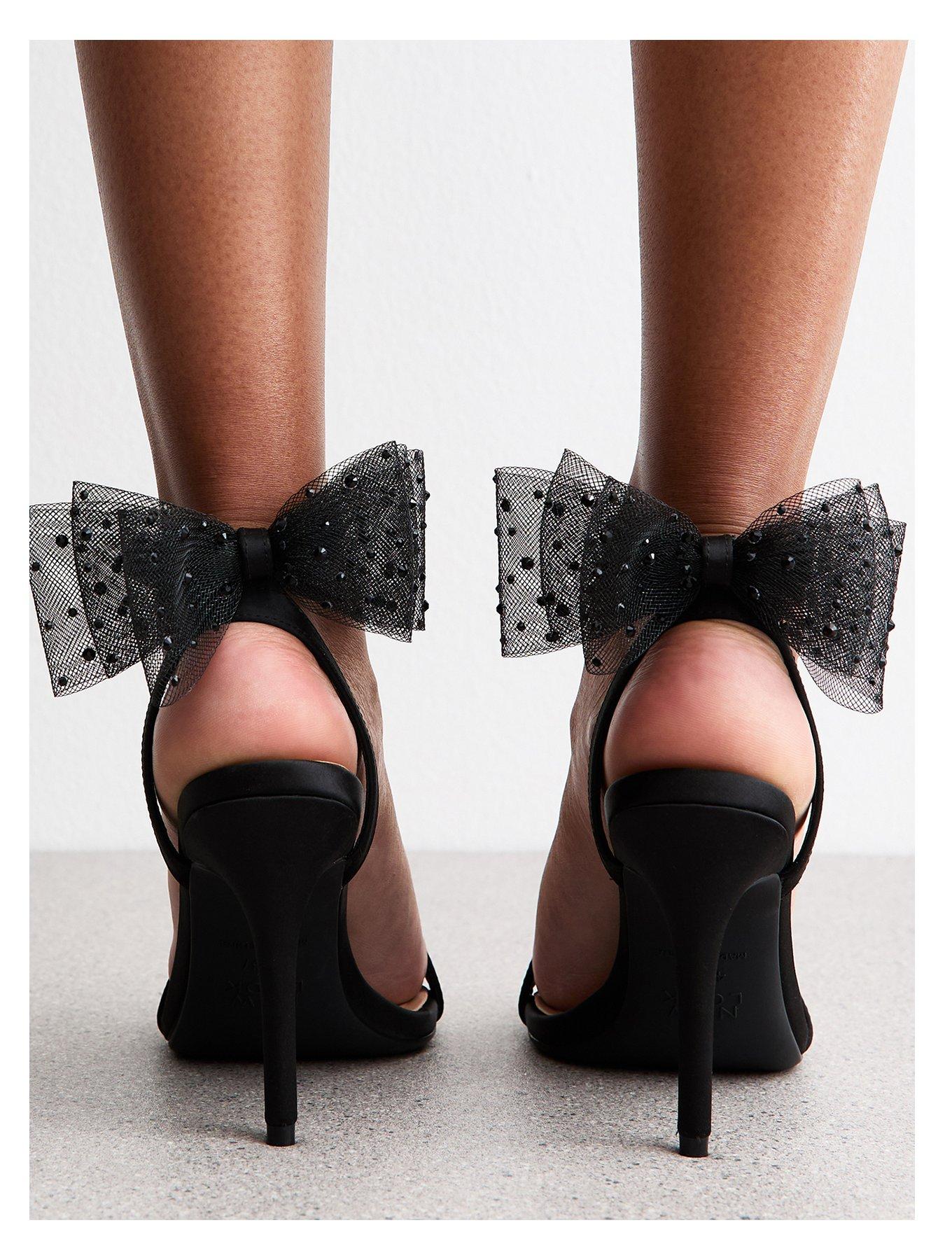 Image 5 of 7 of New Look Black Satin Embellished Mesh Bow Sandals