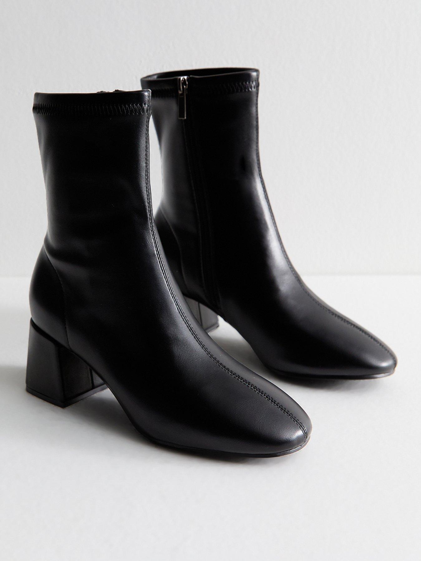 Image 2 of 6 of New Look Faux Leather Block Heel Ankle Boots - Black