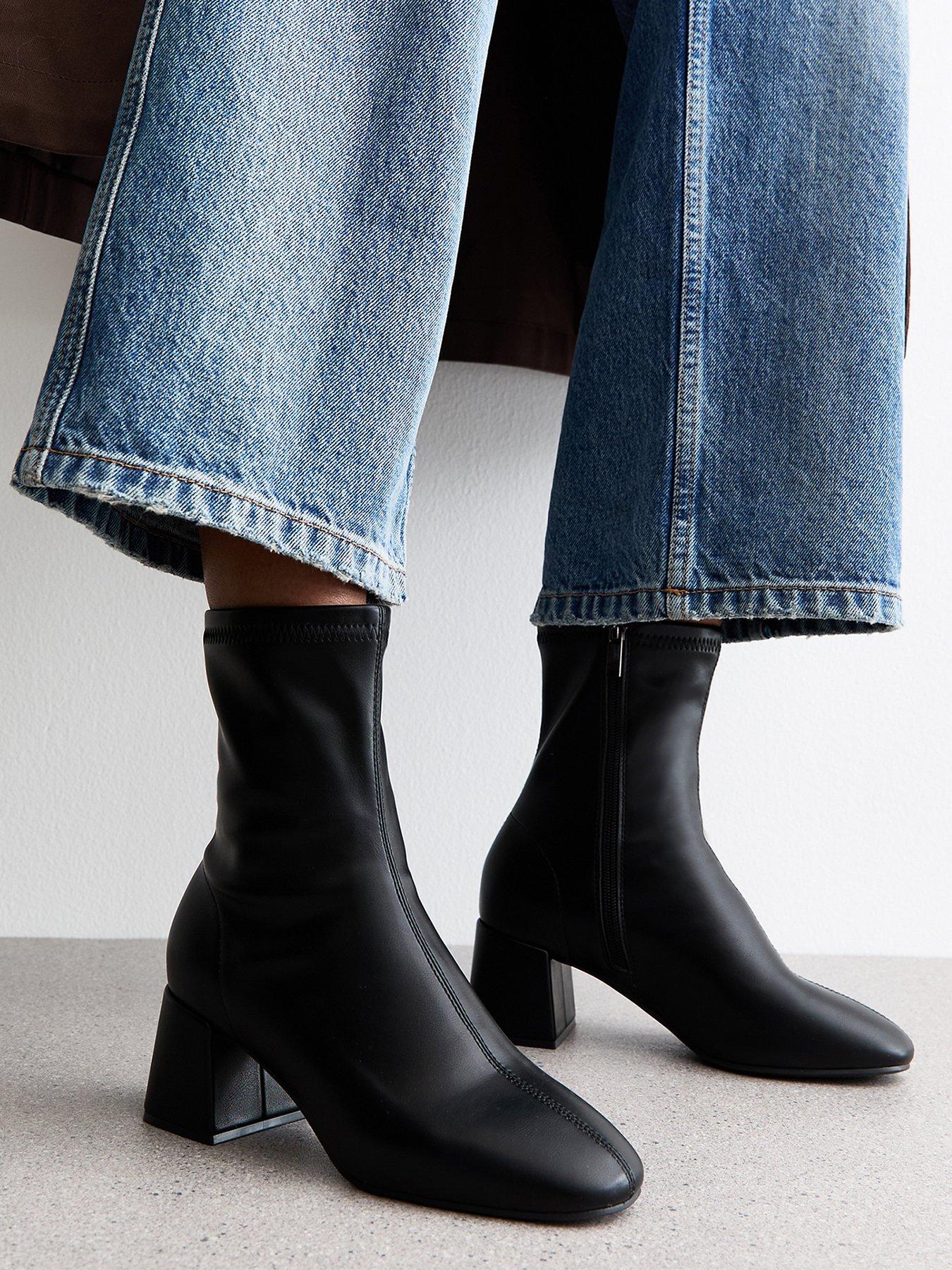 Image 4 of 6 of New Look Faux Leather Block Heel Ankle Boots - Black