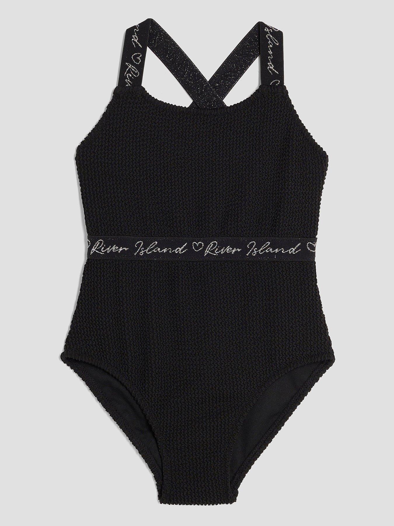 River Island Older Girls Elastic Textured Branded Swimsuit - Black