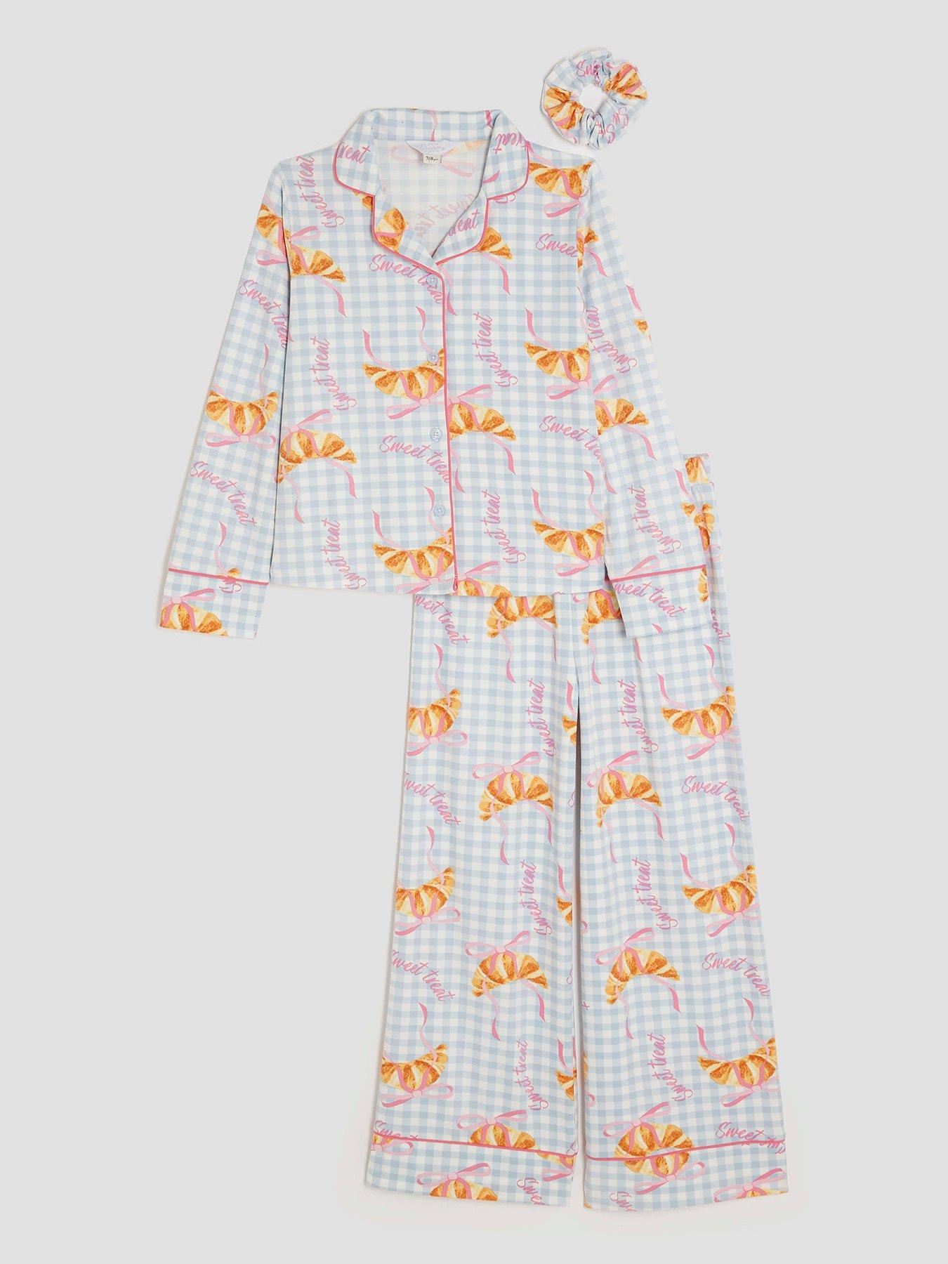 front image of river-island-older-girls-gingham-croissant-pyjama-set-light-blue