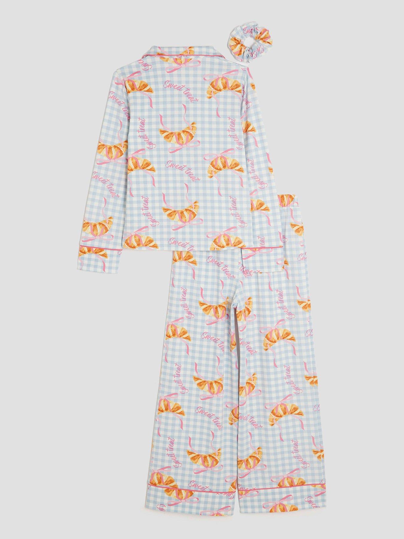  image of river-island-older-girls-gingham-croissant-pyjama-set-light-blue