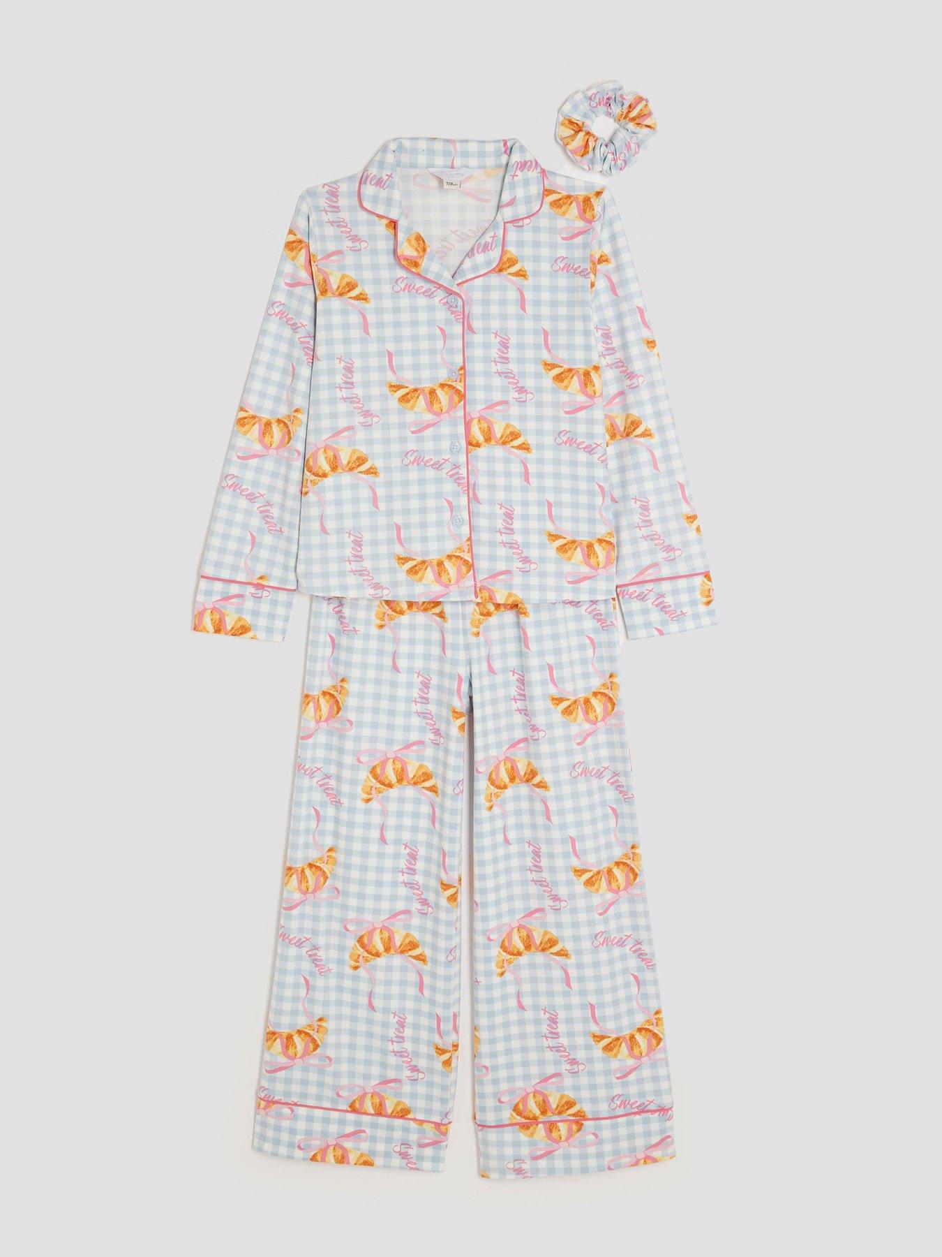  image of river-island-older-girls-gingham-croissant-pyjama-set-light-blue