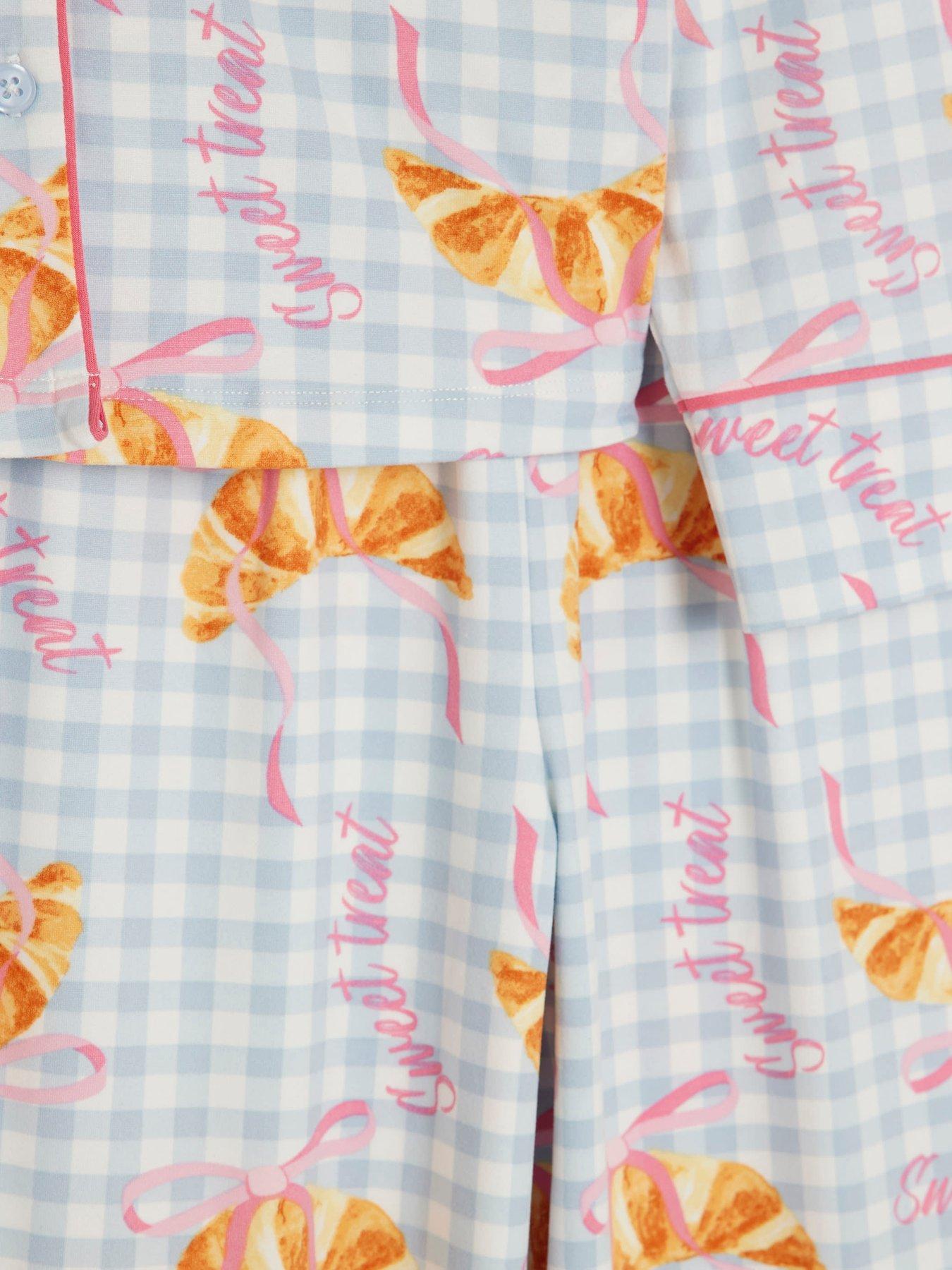  image of river-island-older-girls-gingham-croissant-pyjama-set-light-blue