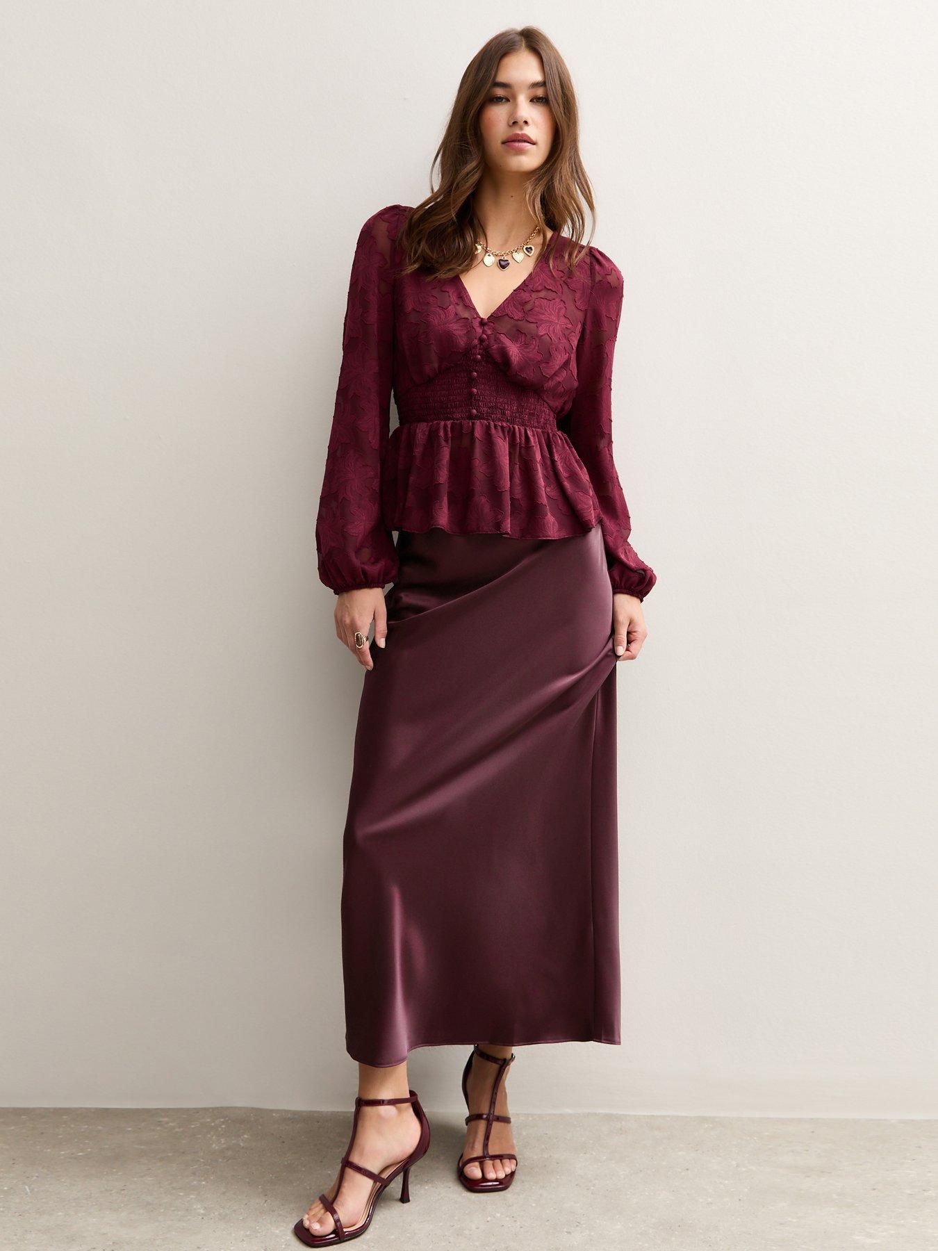 New Look Dark Burgundy Satin Bias Cut Midi Skirt