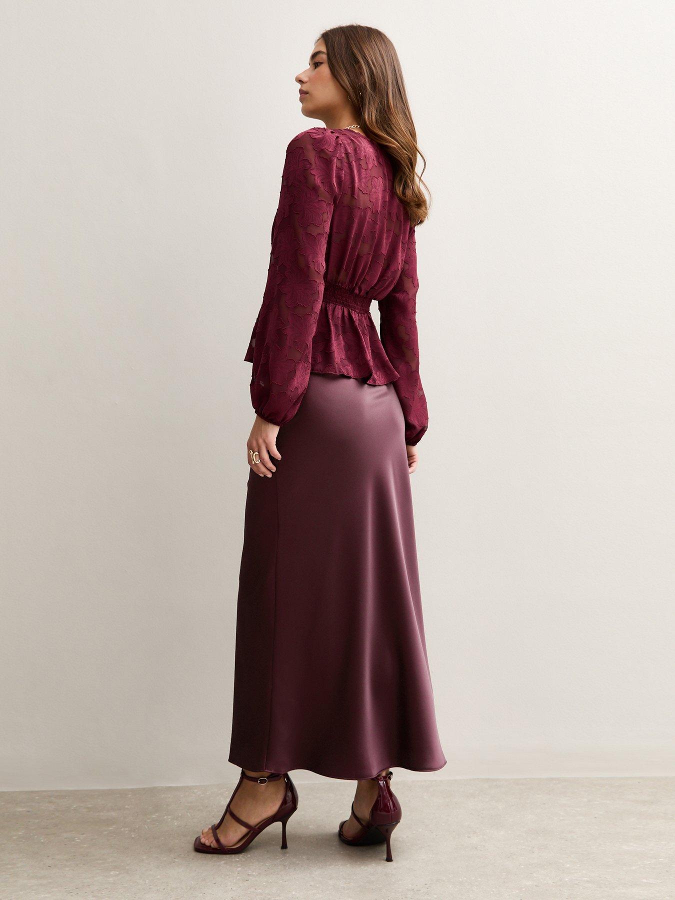  image of new-look-dark-burgundy-satin-bias-cut-midi-skirt