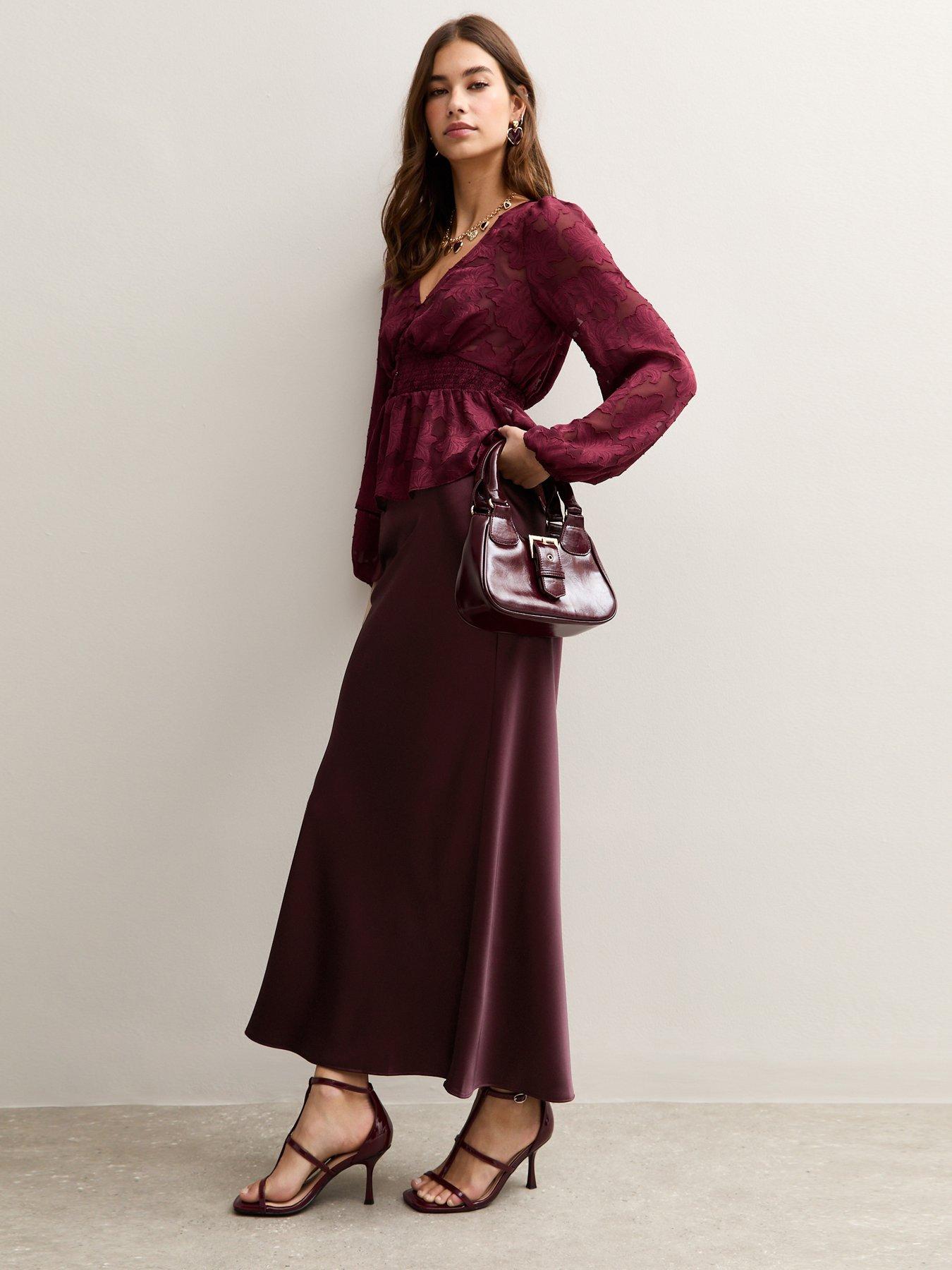  image of new-look-dark-burgundy-satin-bias-cut-midi-skirt
