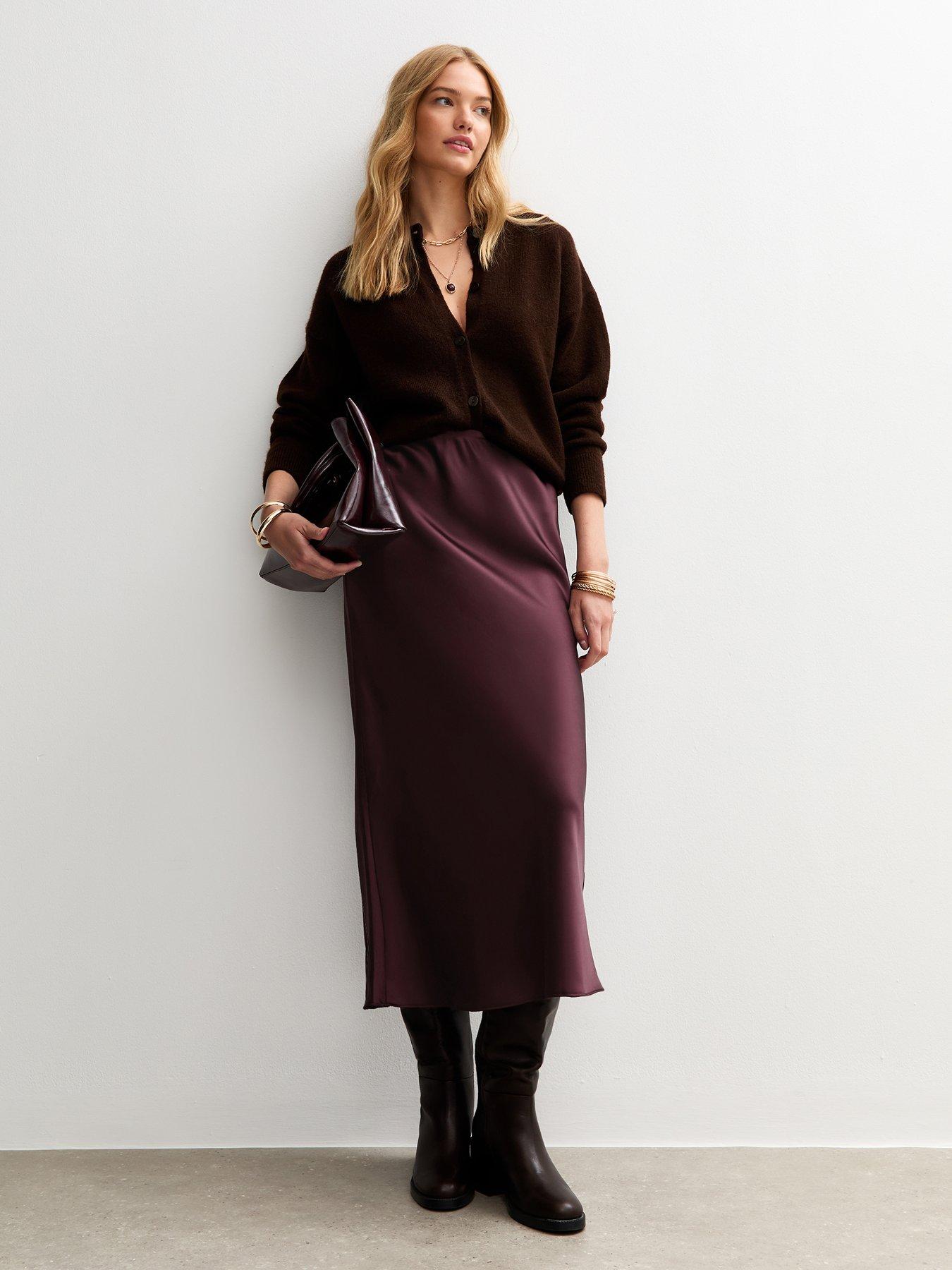  image of new-look-dark-burgundy-satin-bias-cut-midi-skirt