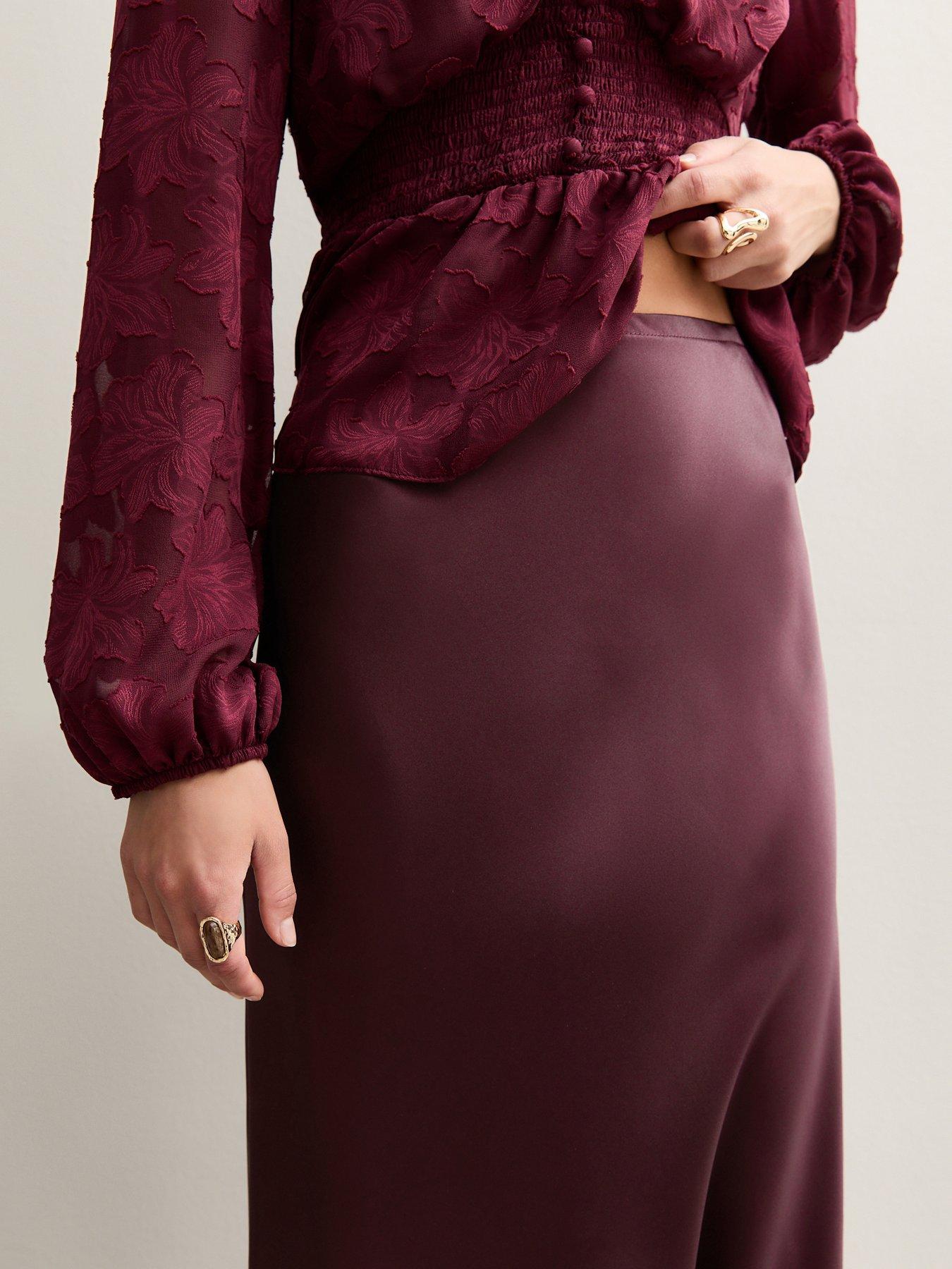  image of new-look-dark-burgundy-satin-bias-cut-midi-skirt