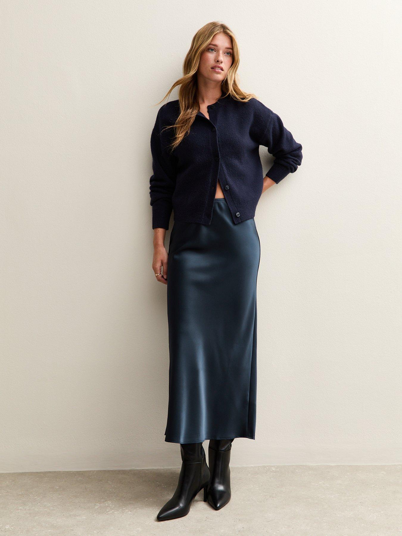 New Look Navy Satin Bias Cut Midi Skirt