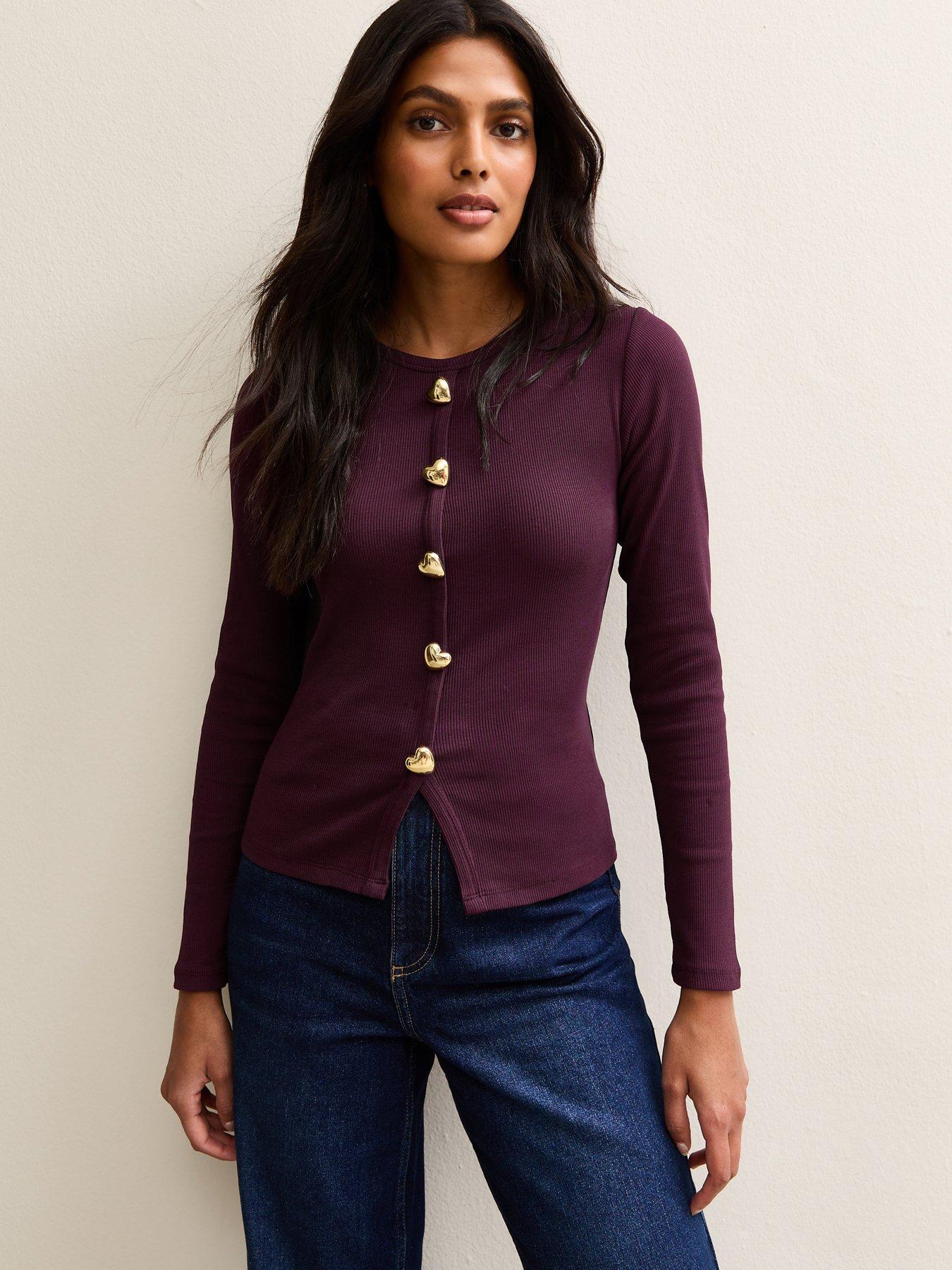 New Look Heart Button Long Sleeve Top - Dark Purple