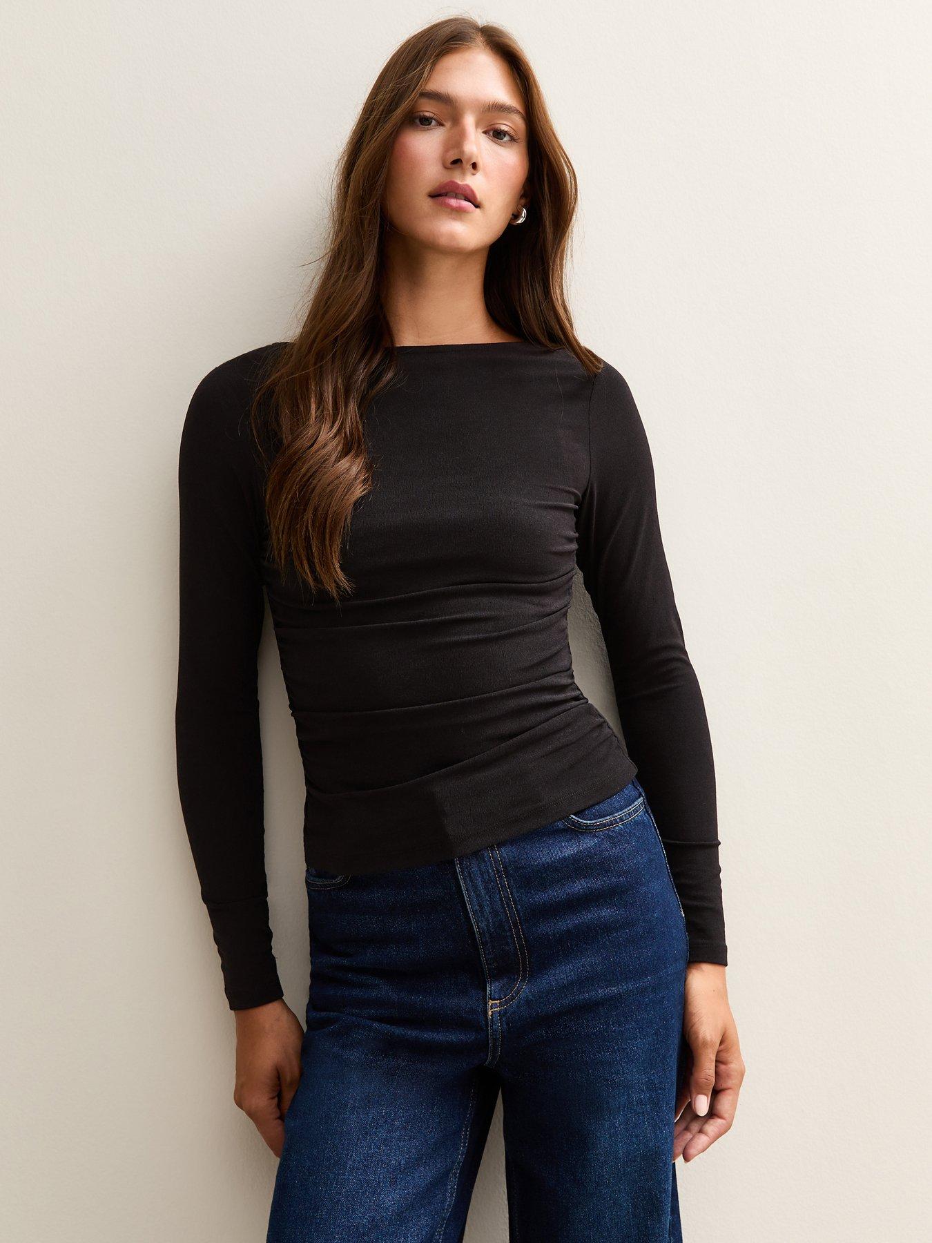  image of new-look-black-slash-neck-ruched-long-sleeve-top