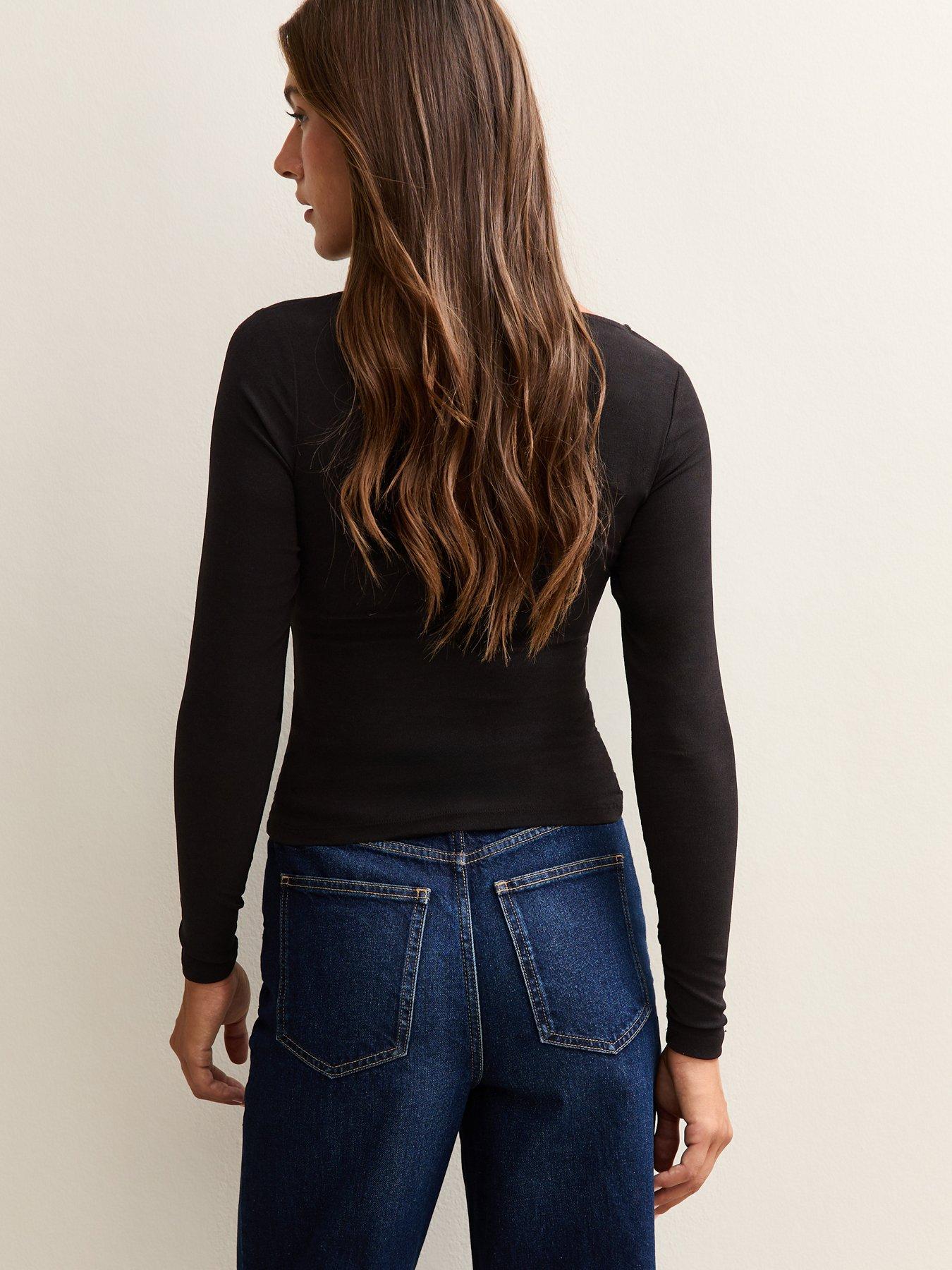  image of new-look-black-slash-neck-ruched-long-sleeve-top