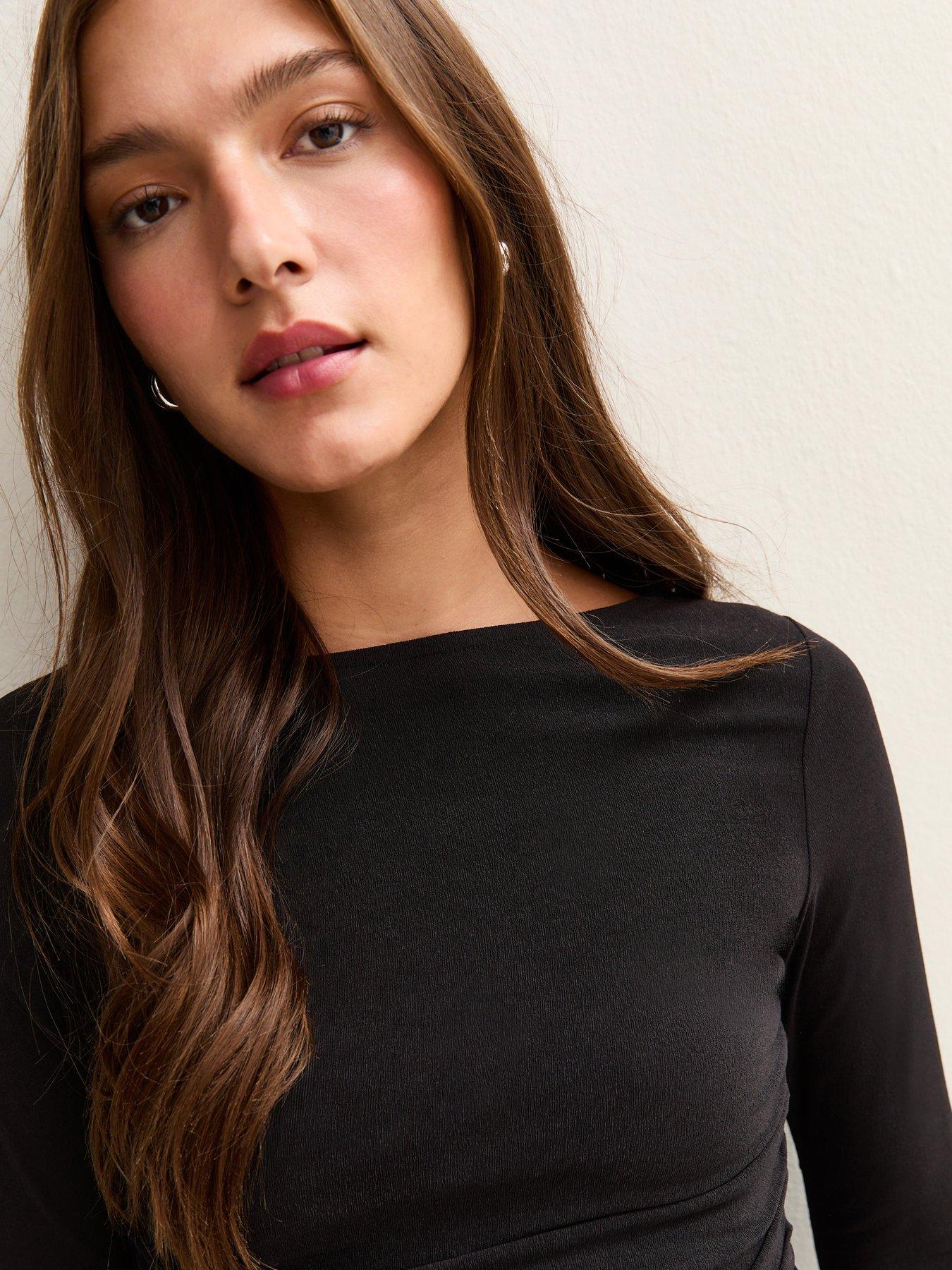  image of new-look-black-slash-neck-ruched-long-sleeve-top