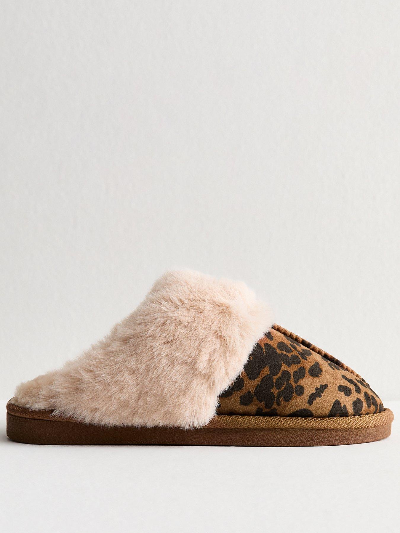 New Look Leopard Print Faux Suede And Faux Fur Trim Slippers - Print
