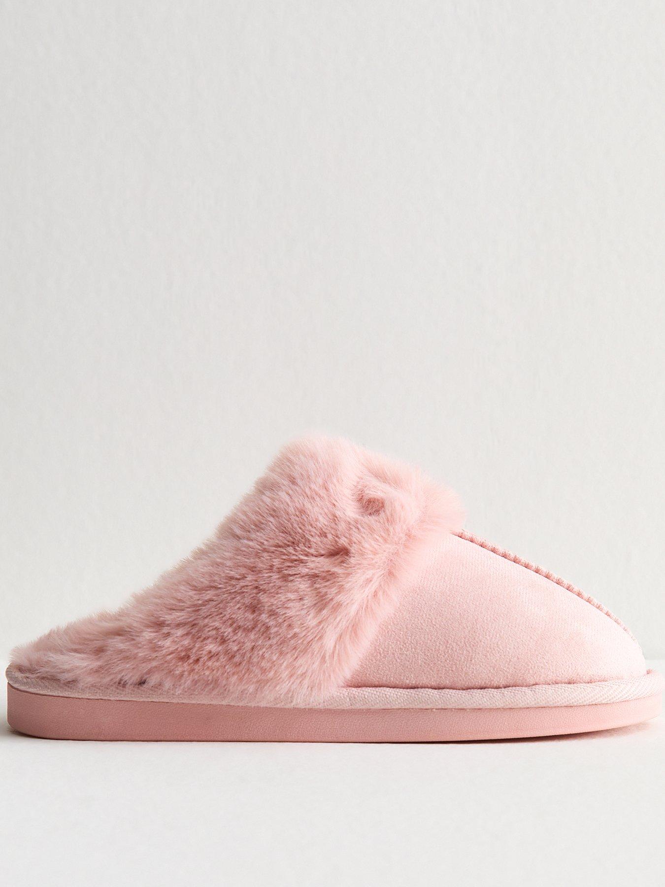 New Look Light Pink Faux Suede And Faux Fur Trim Slippers