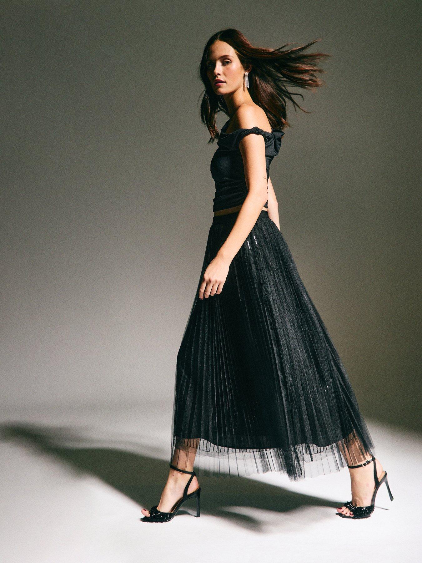 New Look Black Sequin Tulle Midi Skirt
