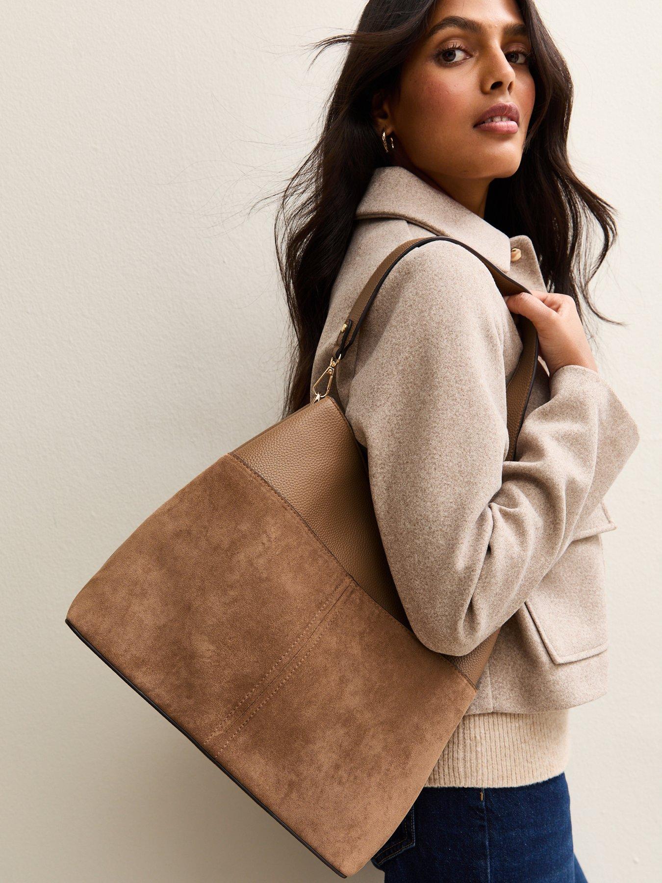 Image 2 of 5 of New Look Camel Faux Suede Triple Compartment Shoulder Bag