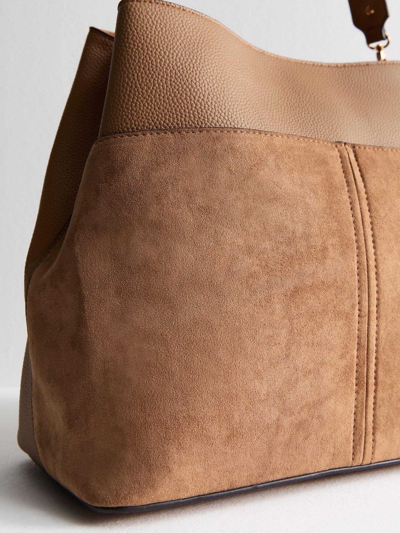 Image 4 of 5 of New Look Camel Faux Suede Triple Compartment Shoulder Bag