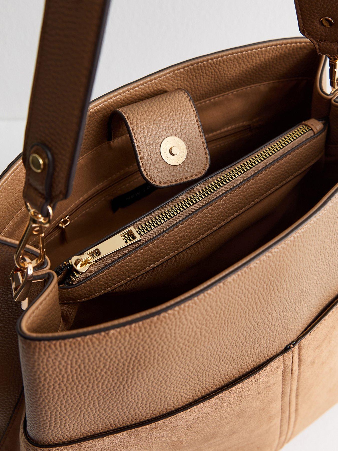 Image 5 of 5 of New Look Camel Faux Suede Triple Compartment Shoulder Bag