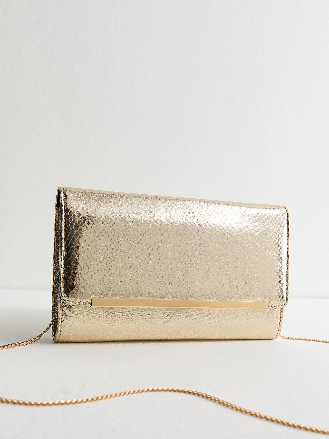 Image 2 of 5 of New Look Gold Metallic Bar Snakeskin Texture Clutch