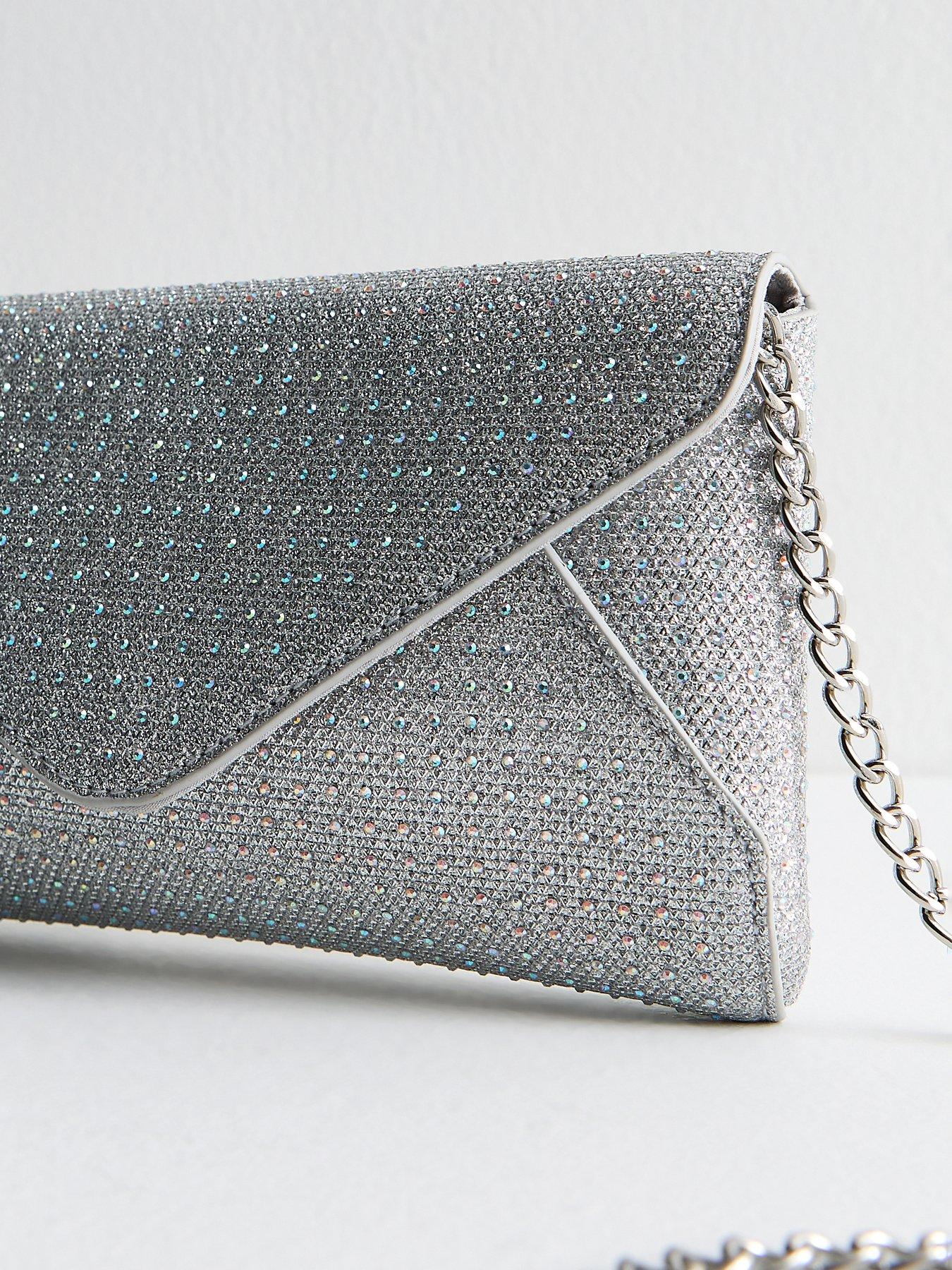  image of new-look-silver-diamante-embellished-envelope-clutch