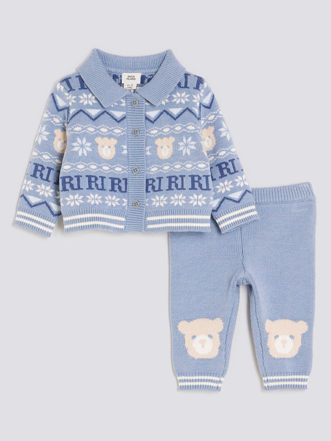 River Island Baby Boys Bear Fairisle Cardigan Set - Blue