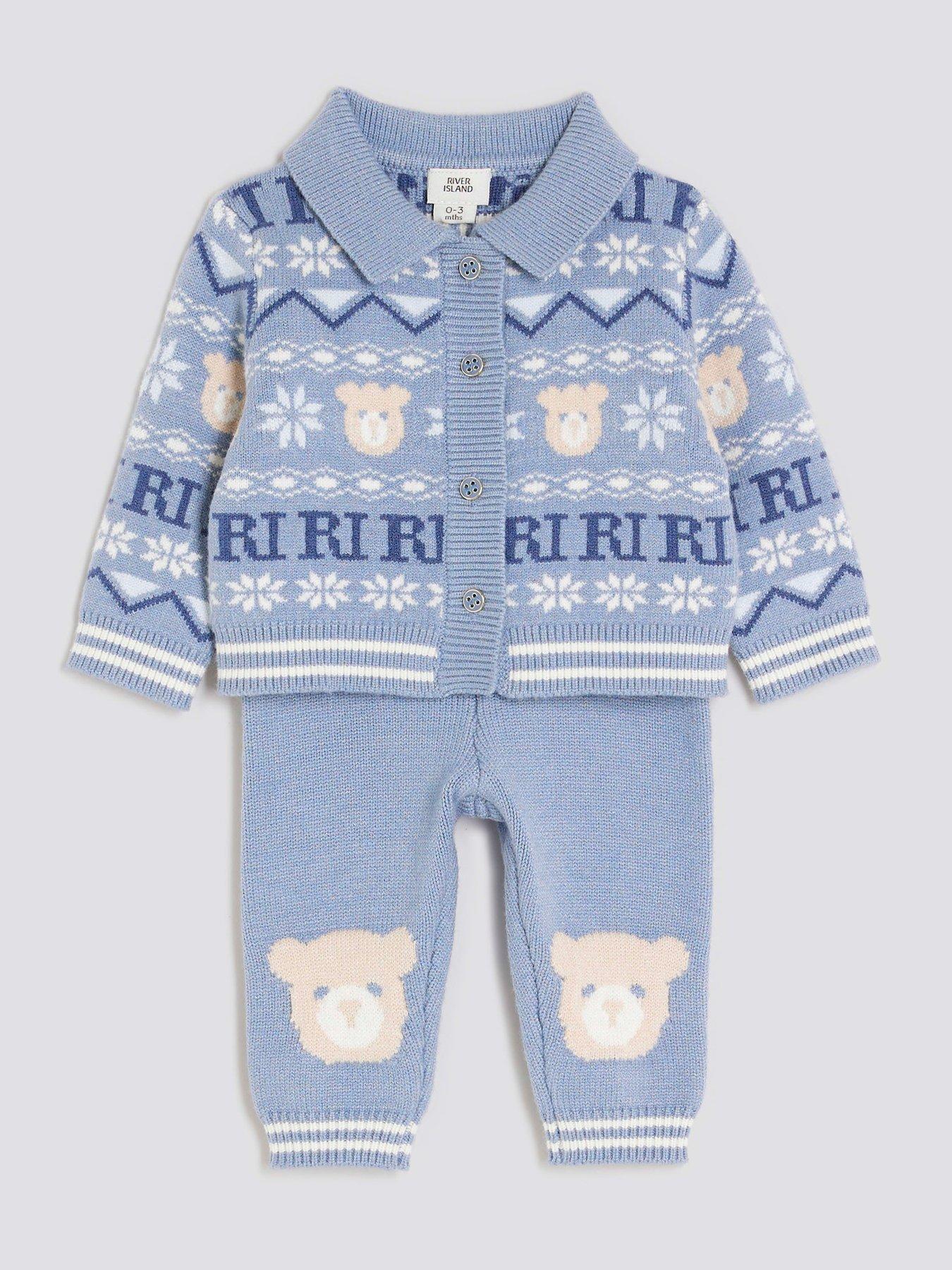  image of river-island-baby-boys-bear-fairisle-cardigan-set-blue